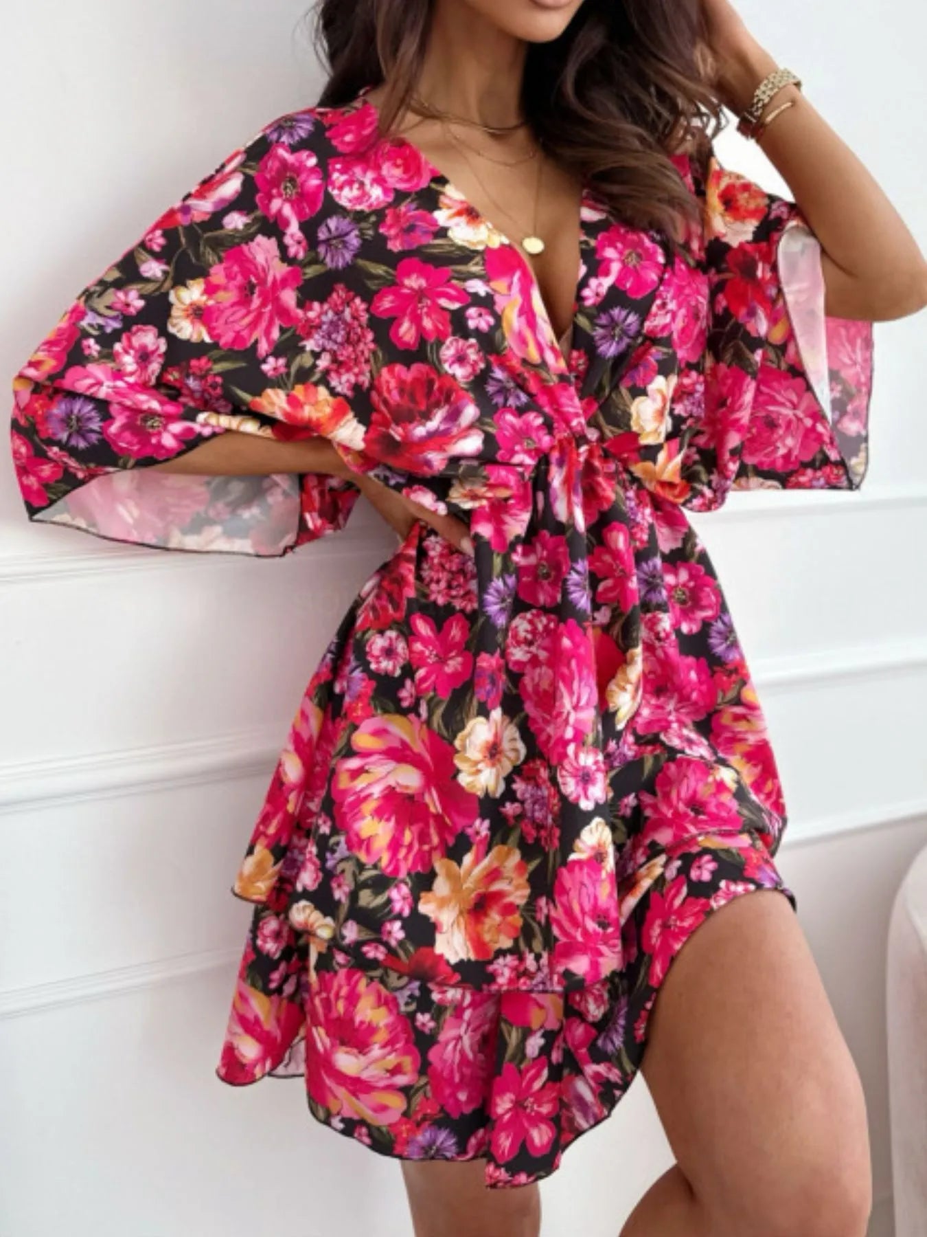 Floral Print V - Neck Ruffle Mini Dress