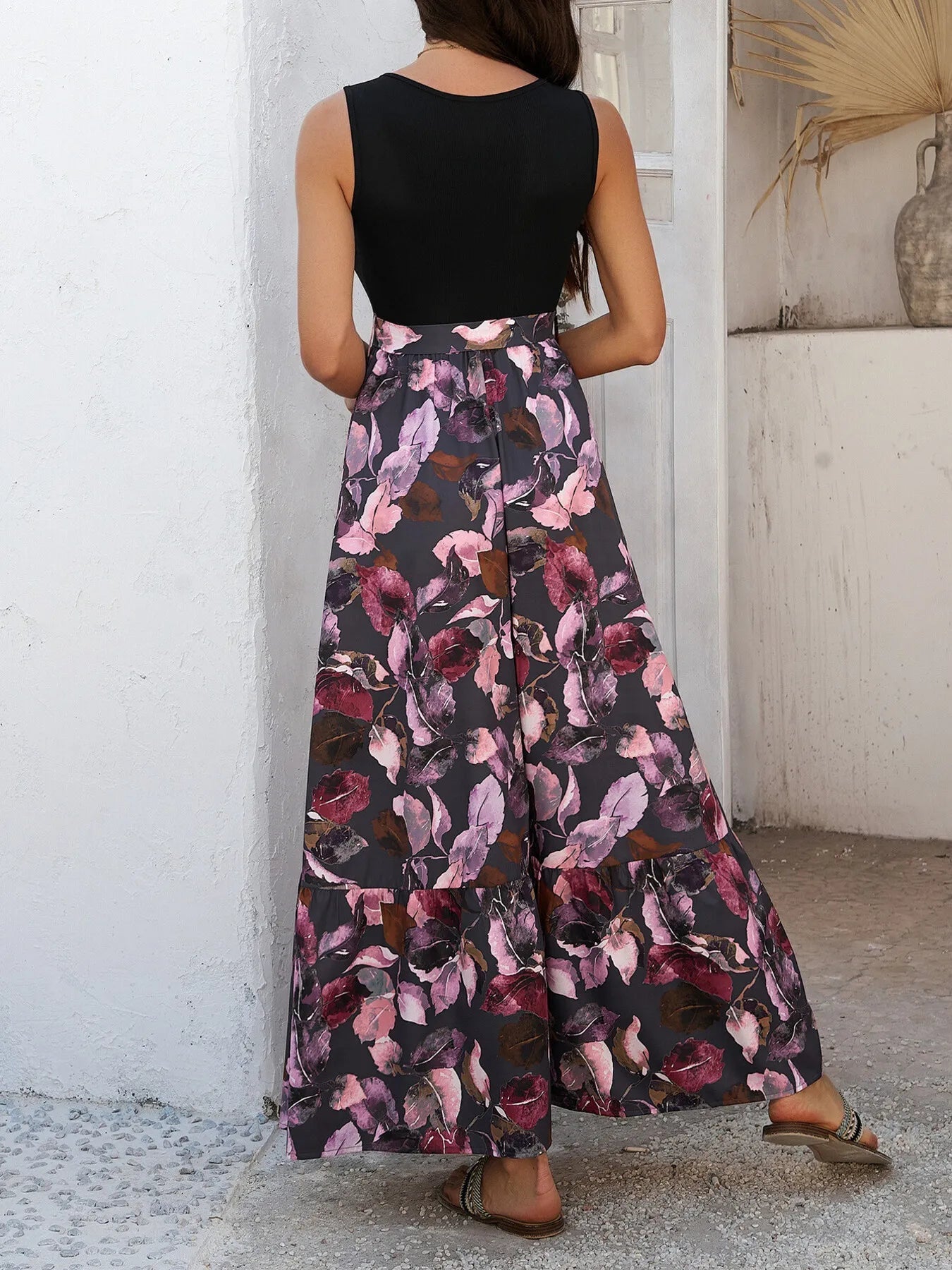 Floral Print Wide Strap Maxi Tank Dress