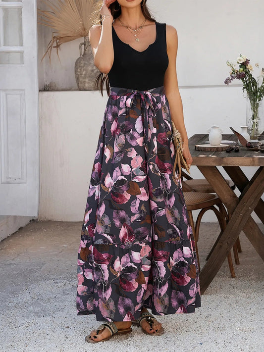 Floral Print Wide Strap Maxi Tank Dress
