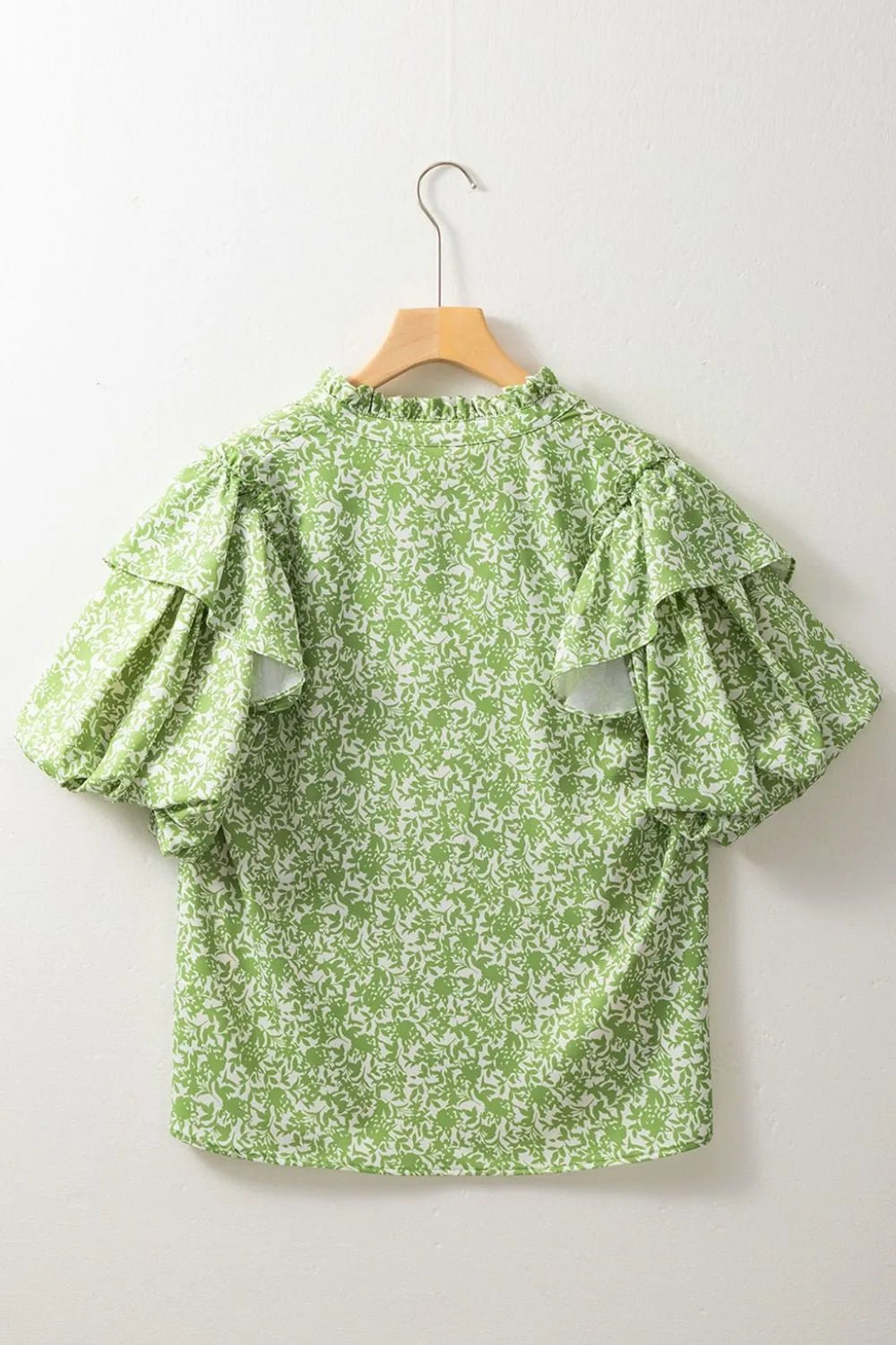 Floral Ruffle Puff Short Sleeve Frilled Notched Blouse