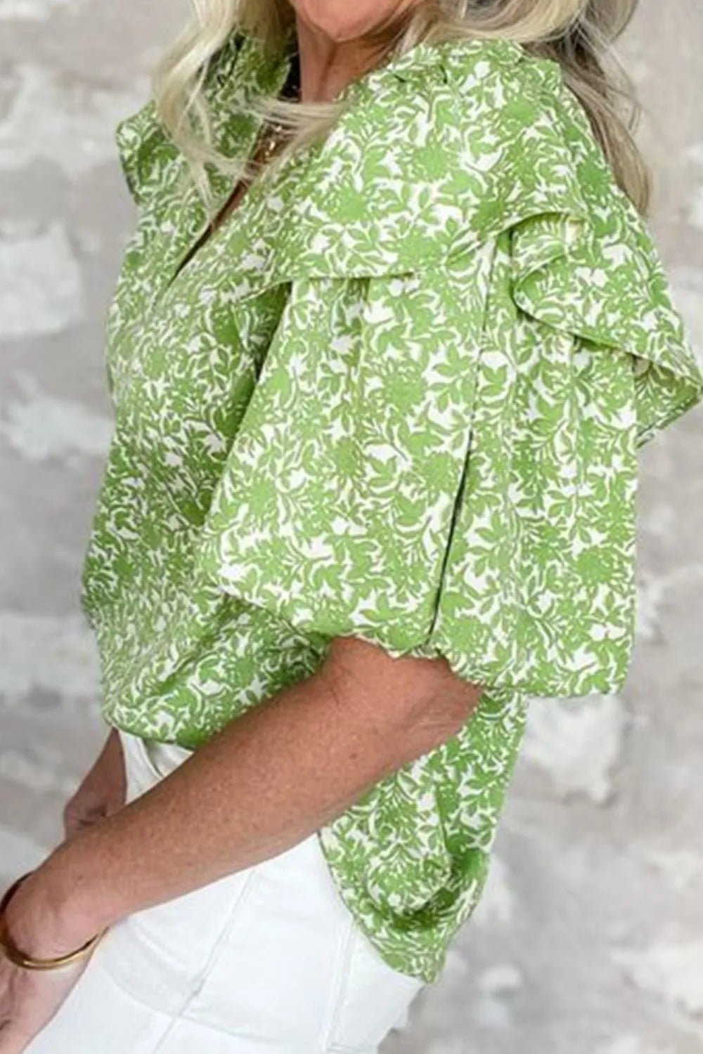 Floral Ruffle Puff Short Sleeve Frilled Notched Blouse