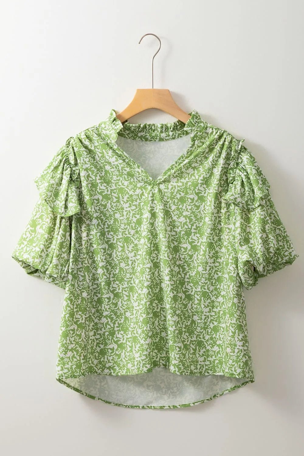 Floral Ruffle Puff Short Sleeve Frilled Notched Blouse
