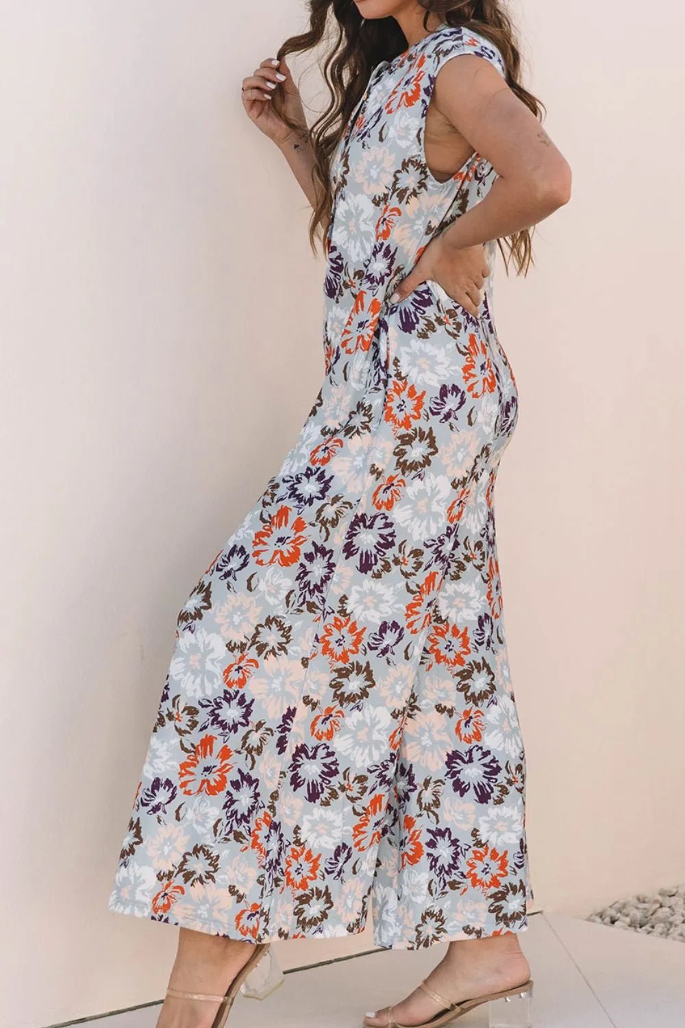 Floral Sleeveless Button Front Wide Leg Jumpsuit
