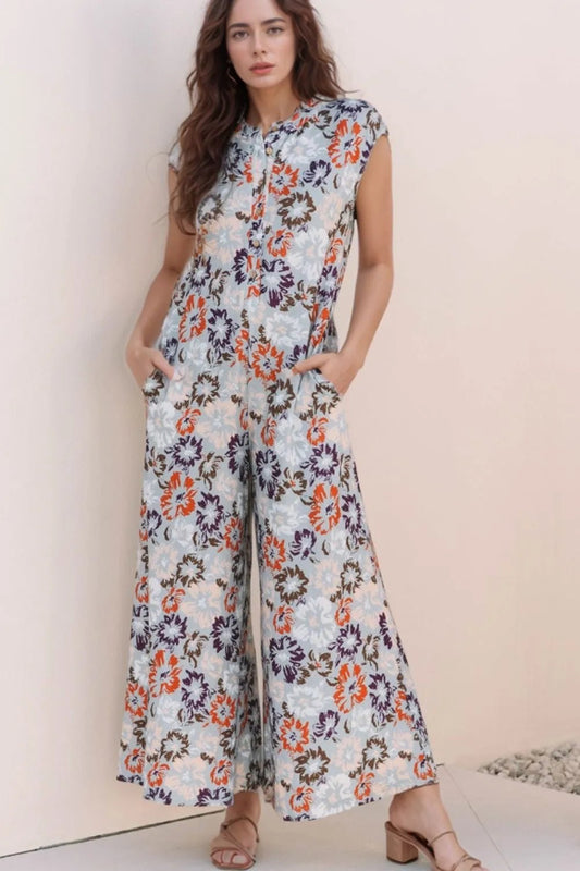 Floral Sleeveless Button Front Wide Leg Jumpsuit