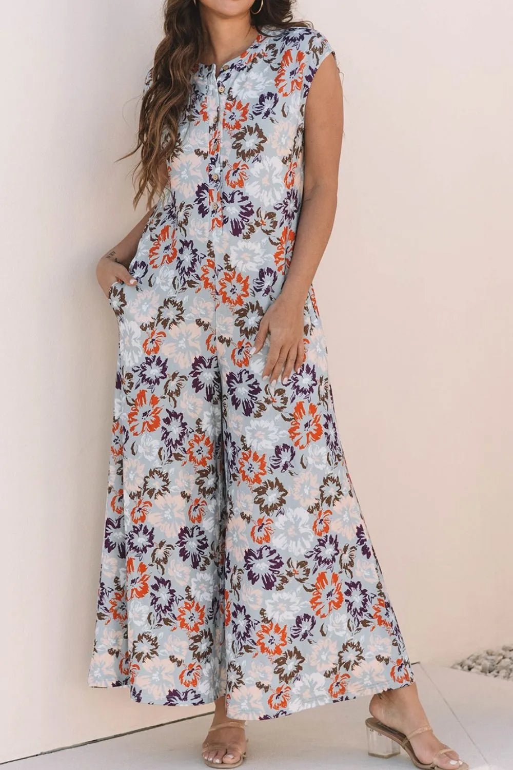 Floral Sleeveless Button Front Wide Leg Jumpsuit