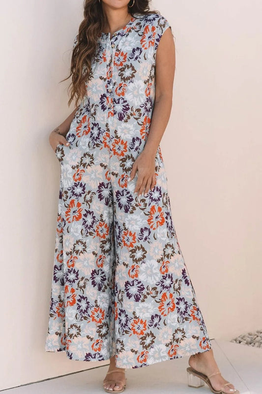 Floral Sleeveless Button Front Wide Leg Jumpsuit