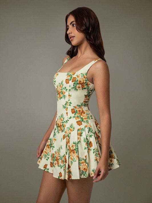 Floral Sleeveless Mini Pleated Dress