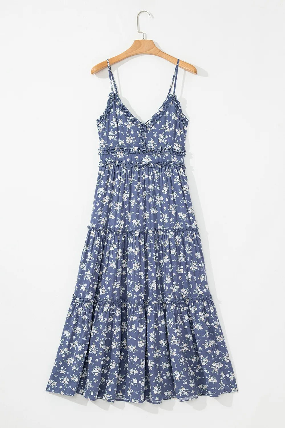Floral Spaghetti Strap Frilled V Neck Tiered Midi Dress