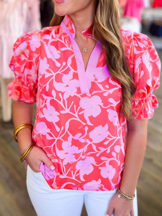 Floral Split V Neck Ruffled Short Sleeve Blouse Top