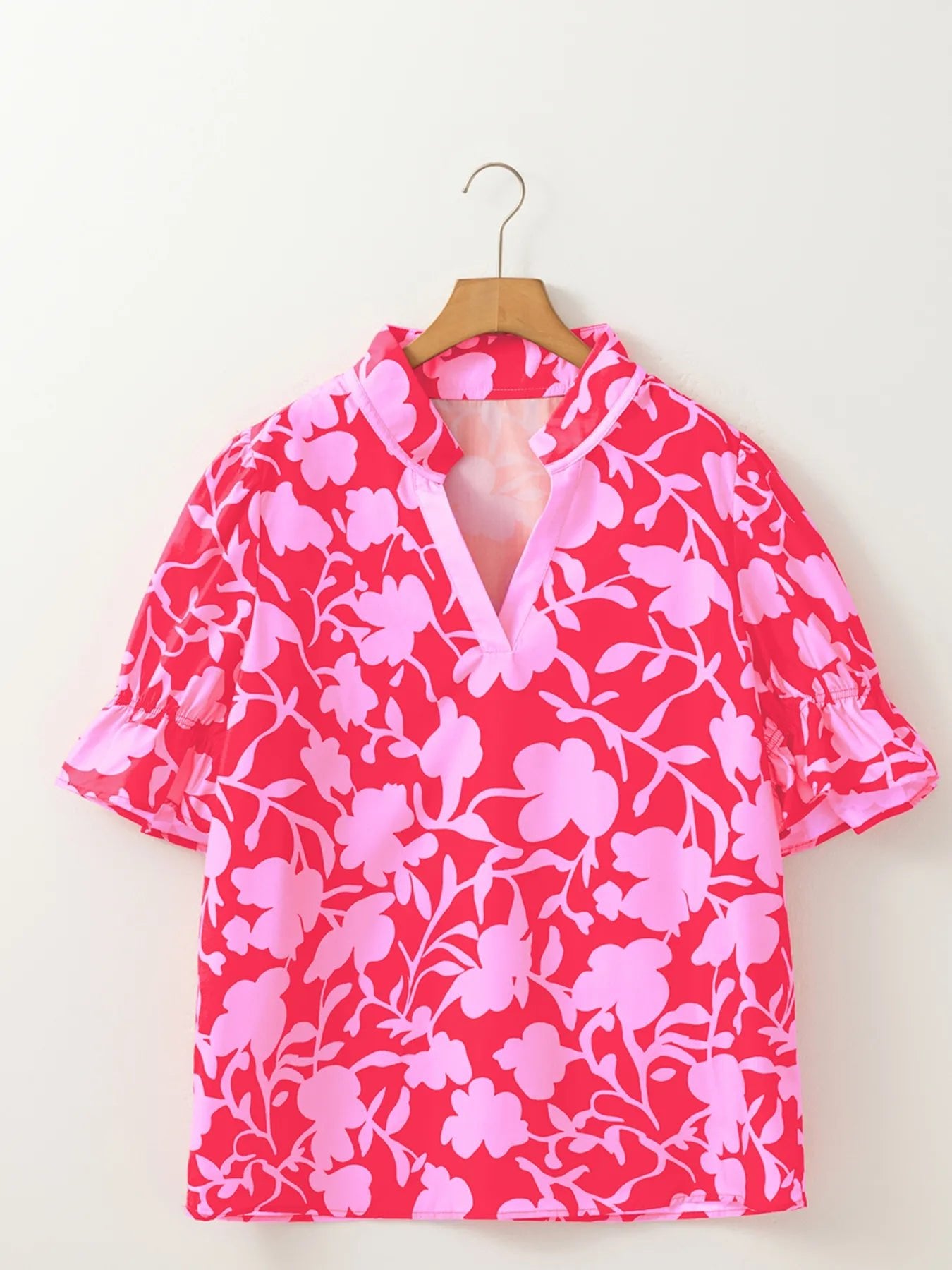 Floral Split V Neck Ruffled Short Sleeve Blouse Top
