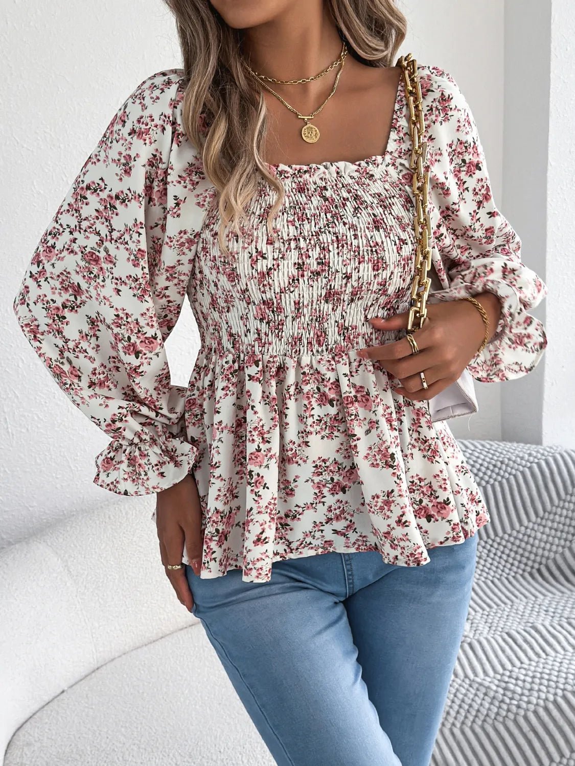 Floral Square Neck Flounce Sleeve Blouse