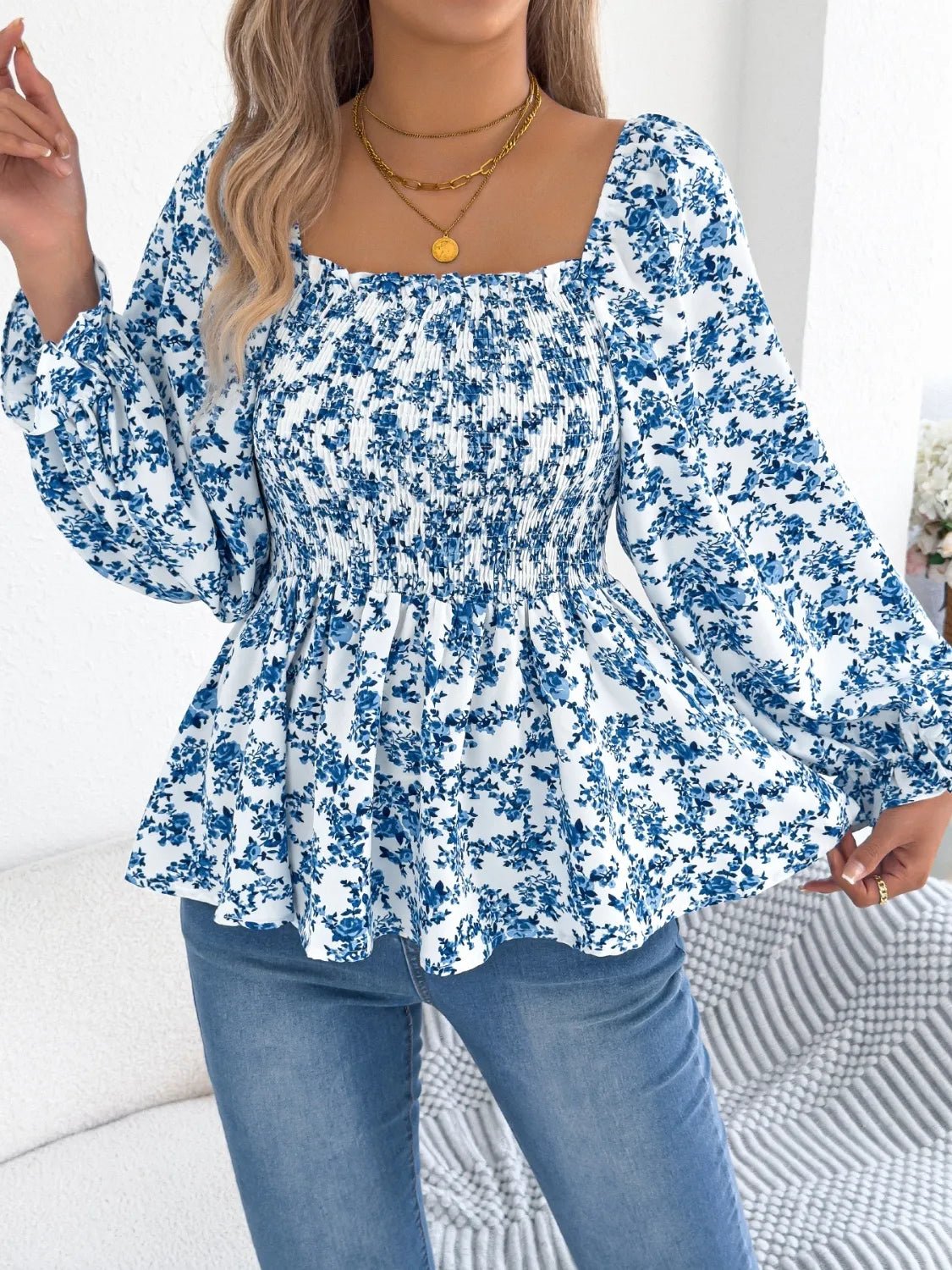 Floral Square Neck Flounce Sleeve Blouse
