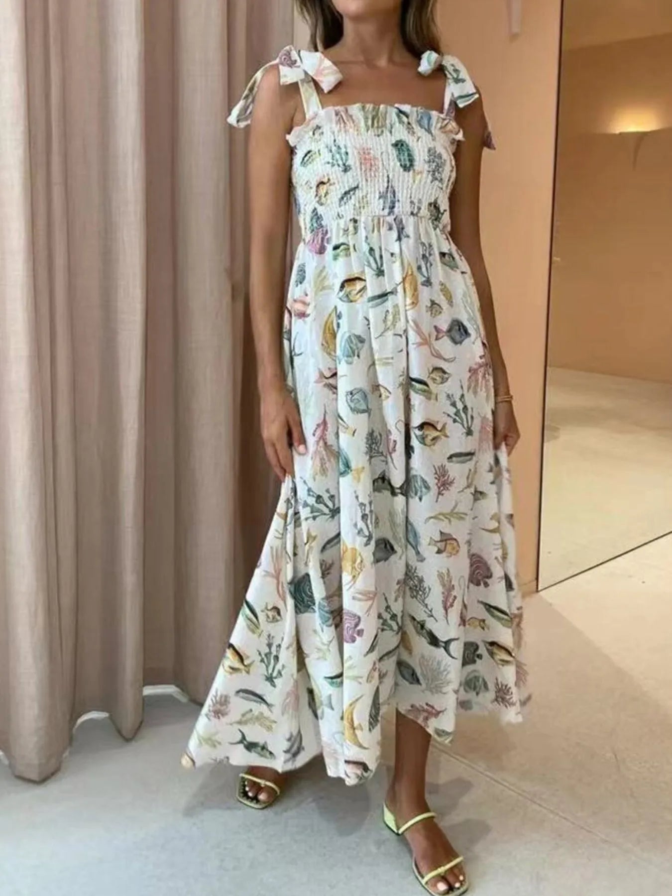 Floral Tie Shoulder Smocked Bodice Summer Dress
