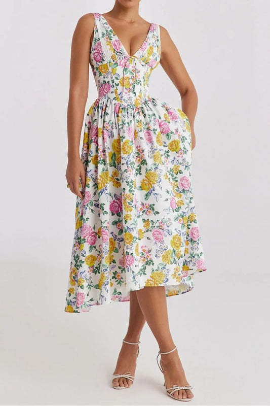 Floral V - Neck Sleeveless Midi Dress with Pockets