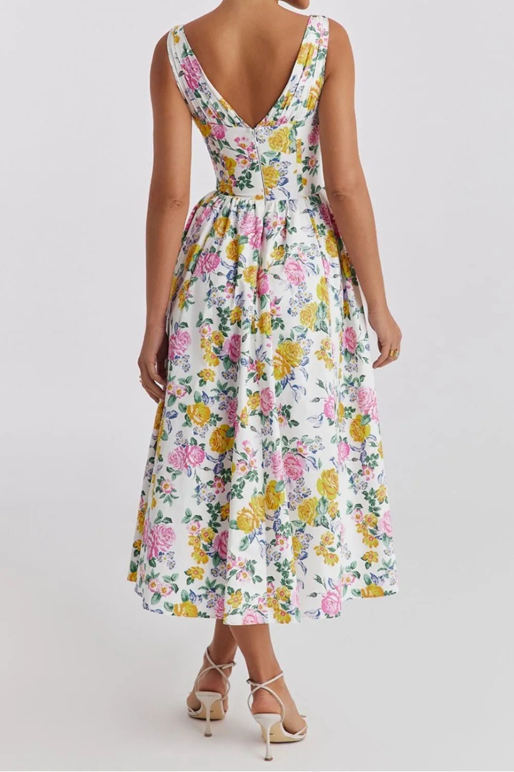 Floral V - Neck Sleeveless Midi Dress with Pockets