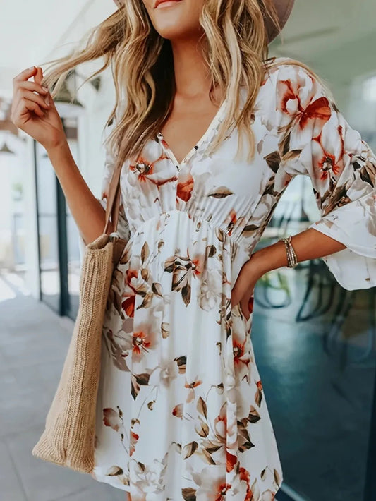 Floral V - Neck Three - Quarter Sleeve Mini Dress
