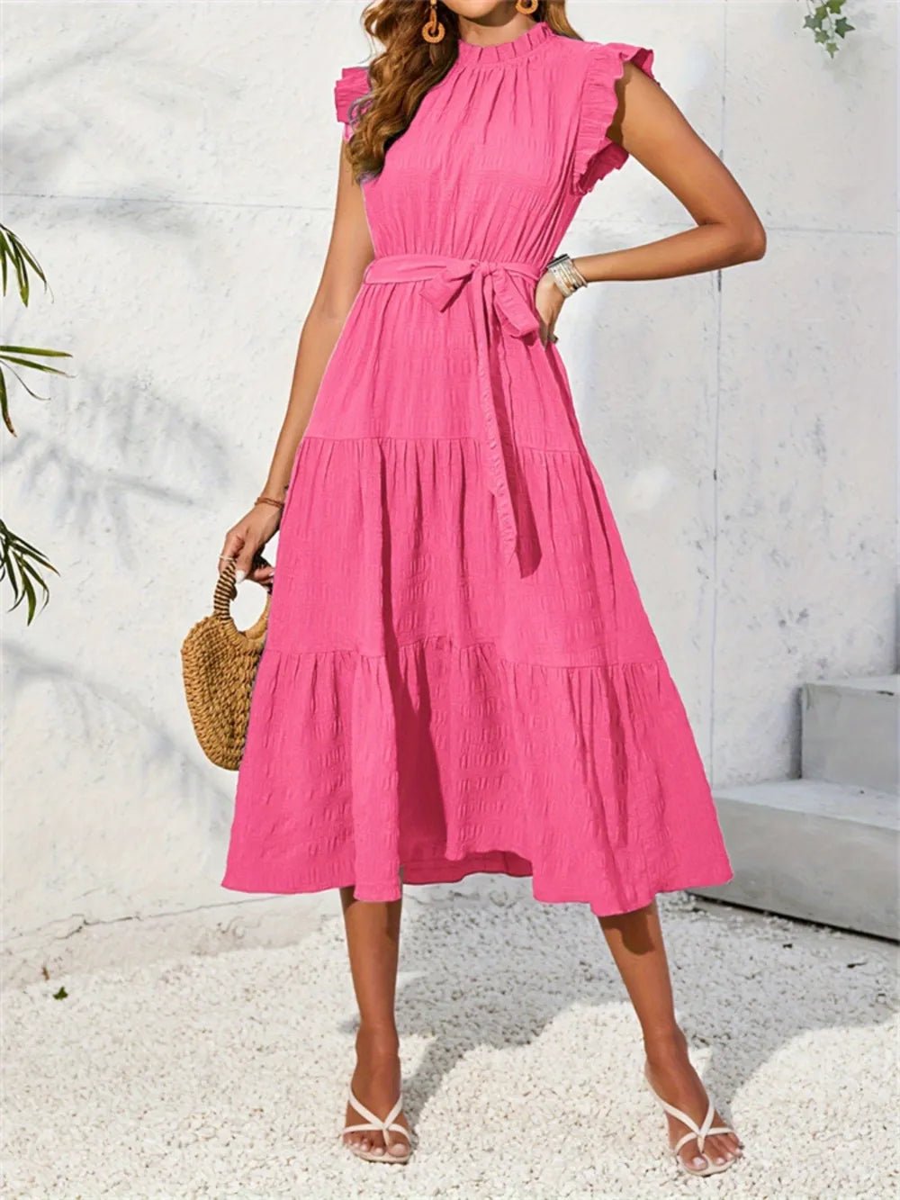 Frill Mock Neck Ruffled Cap Sleeve Midi Dress