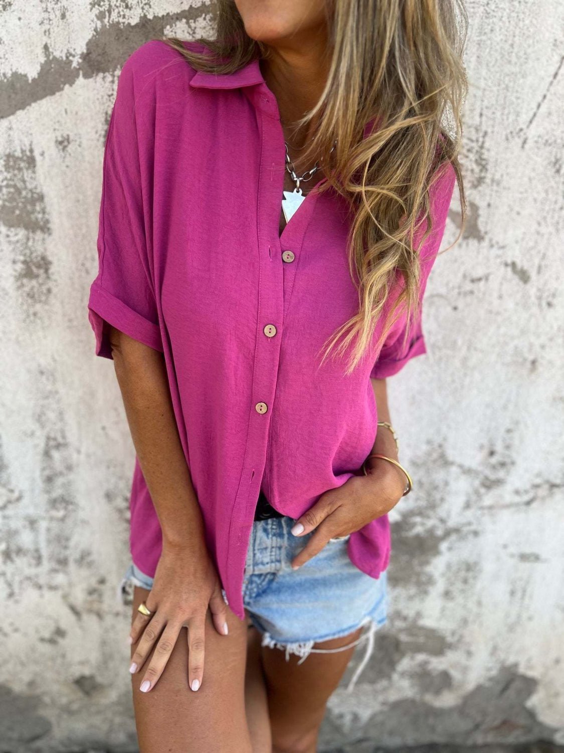 Full Size Collared Neck Half Sleeve Shirt Plus SizeShirt