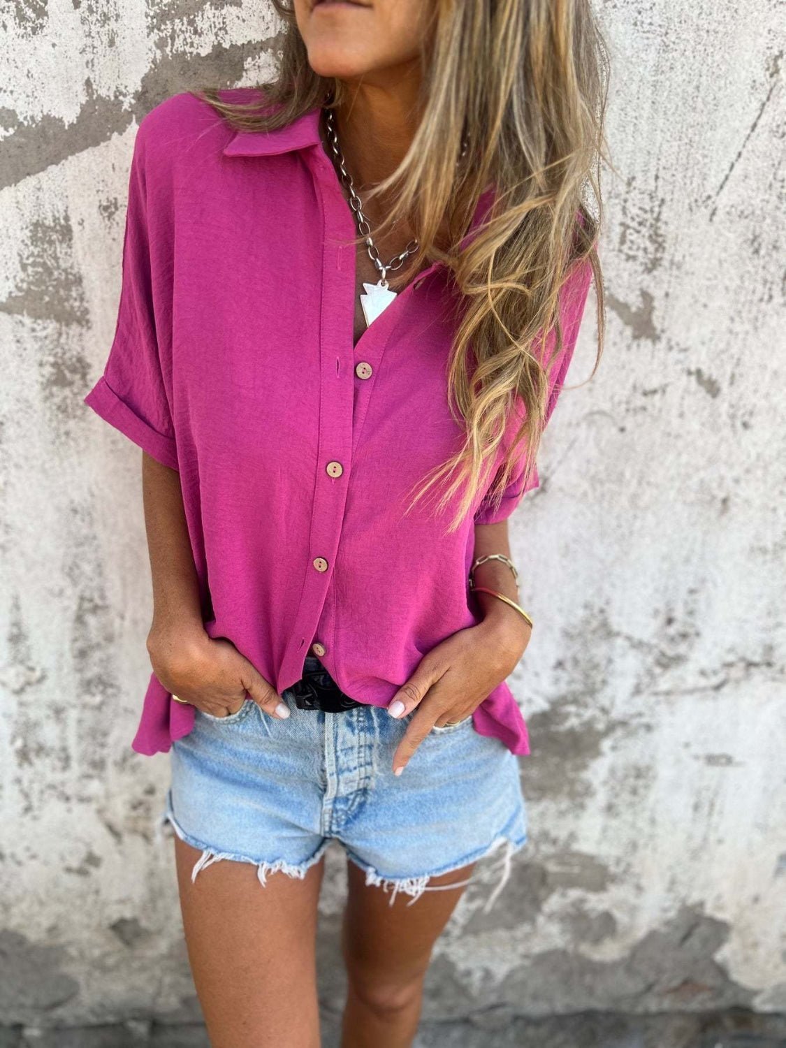 Full Size Collared Neck Half Sleeve Shirt Plus SizeShirt