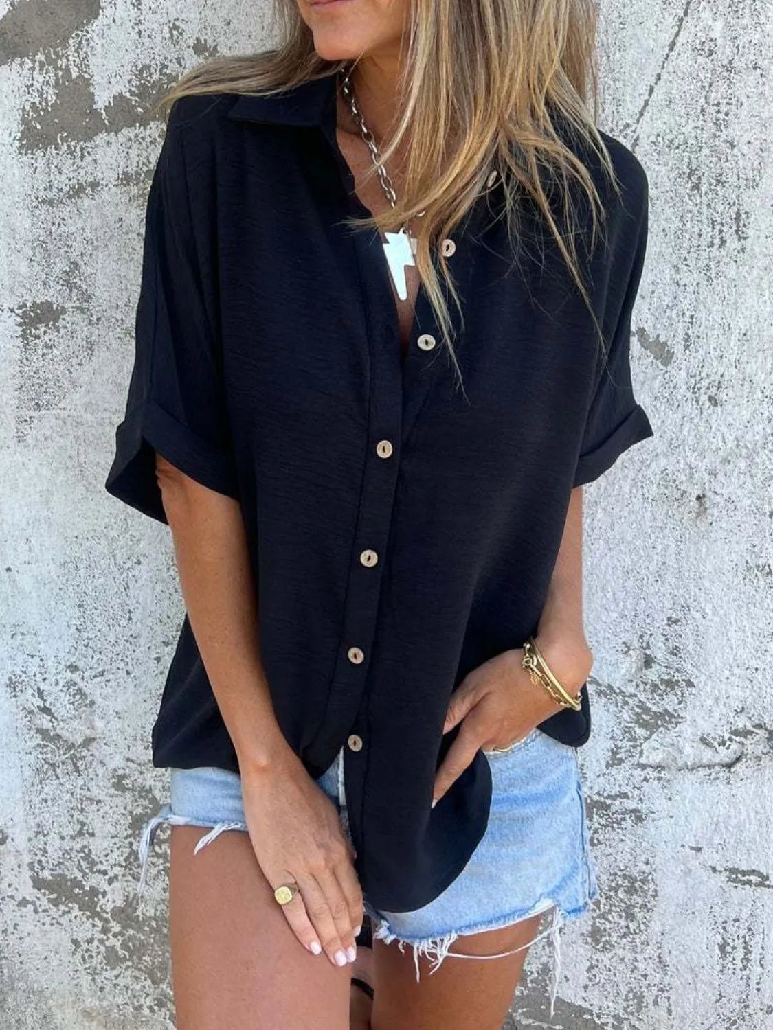 Full Size Collared Neck Half Sleeve Shirt Plus SizeTop