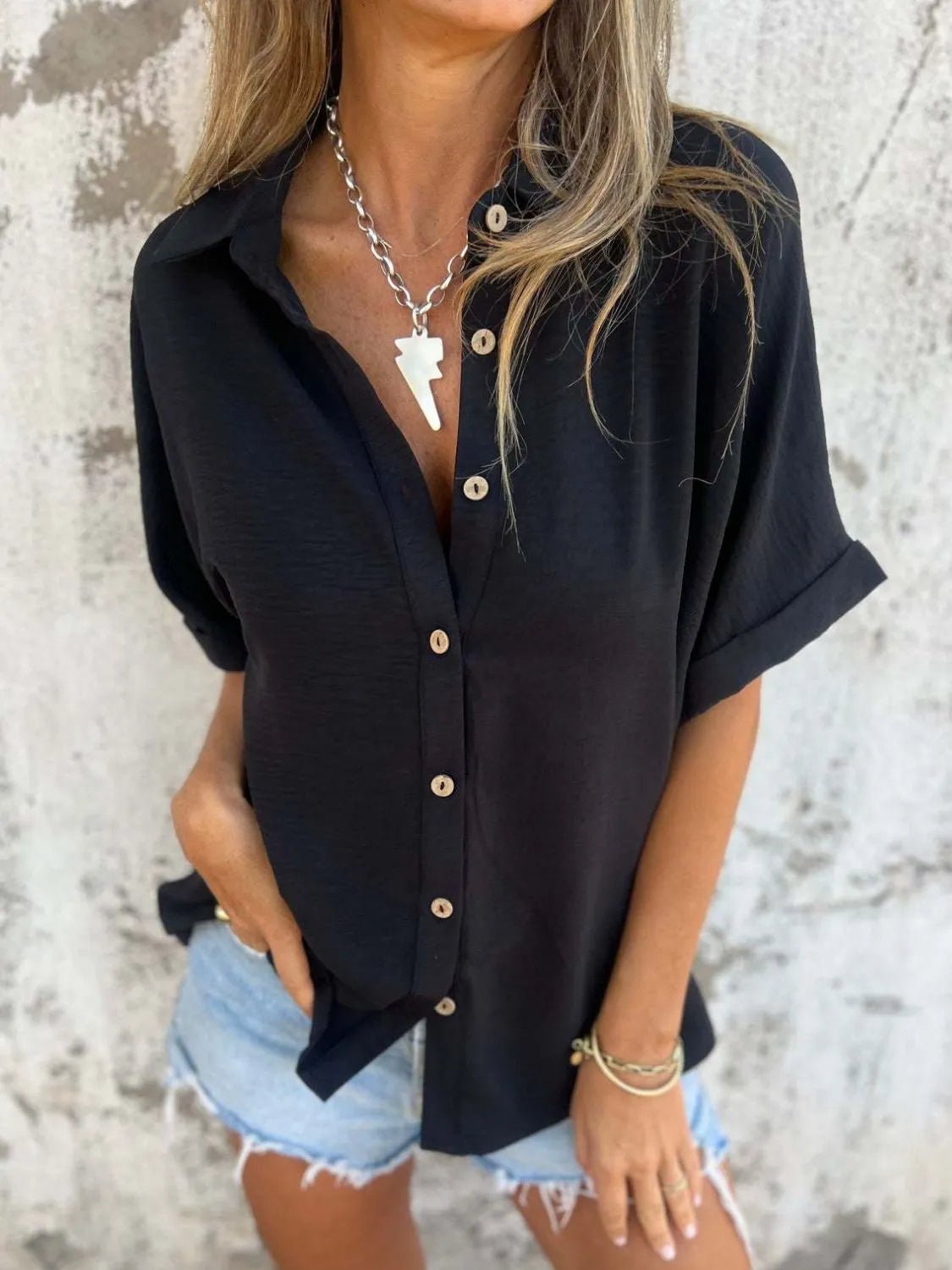 Full Size Collared Neck Half Sleeve Shirt Plus SizeTop
