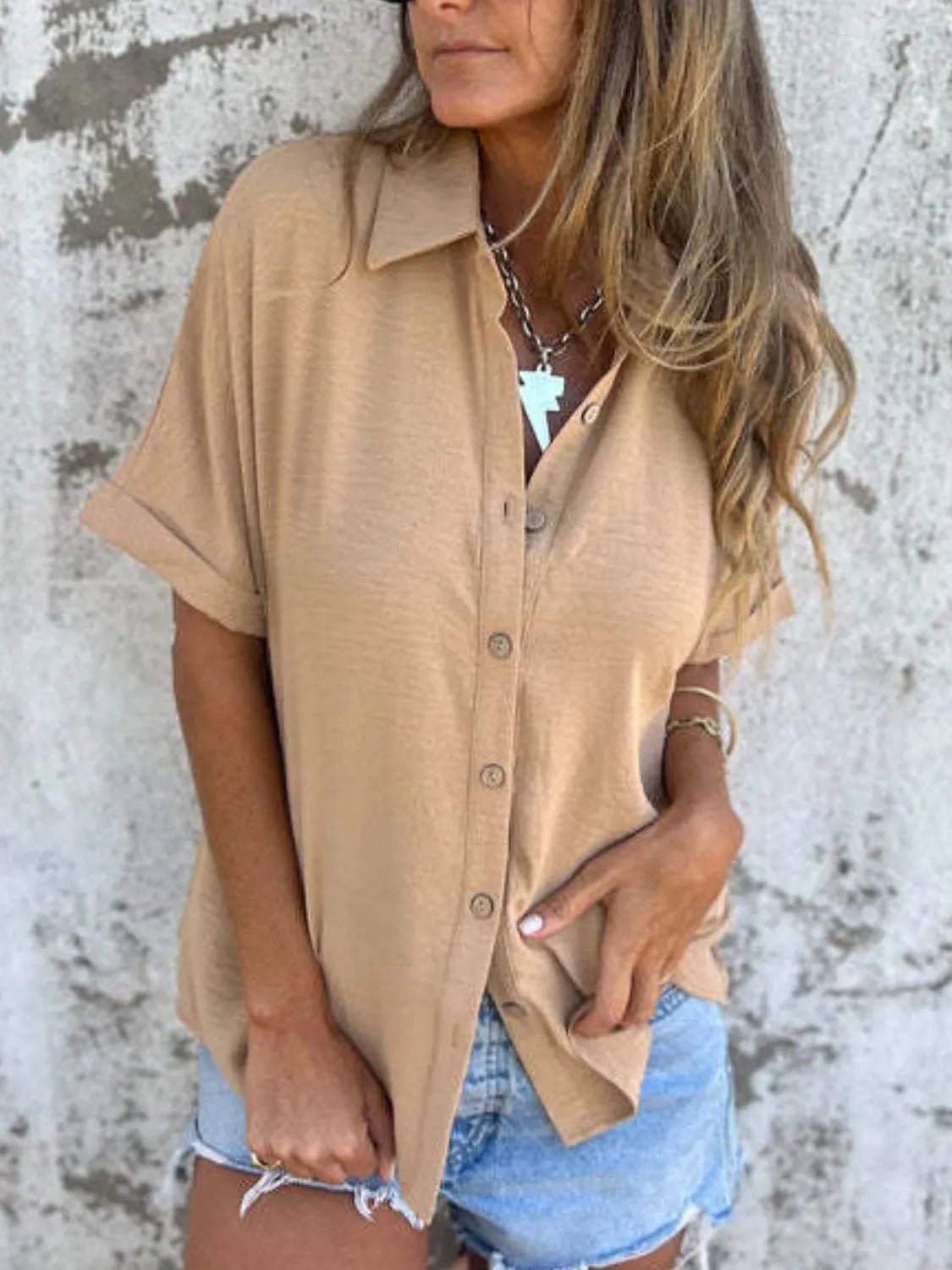 Full Size Collared Neck Half Sleeve Shirt Plus SizeTop