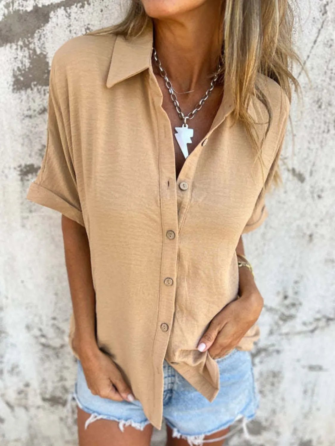 Full Size Collared Neck Half Sleeve Shirt Plus SizeTop