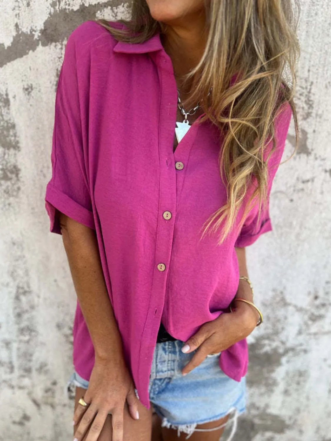 Full Size Collared Neck Half Sleeve Shirt Plus SizeTop