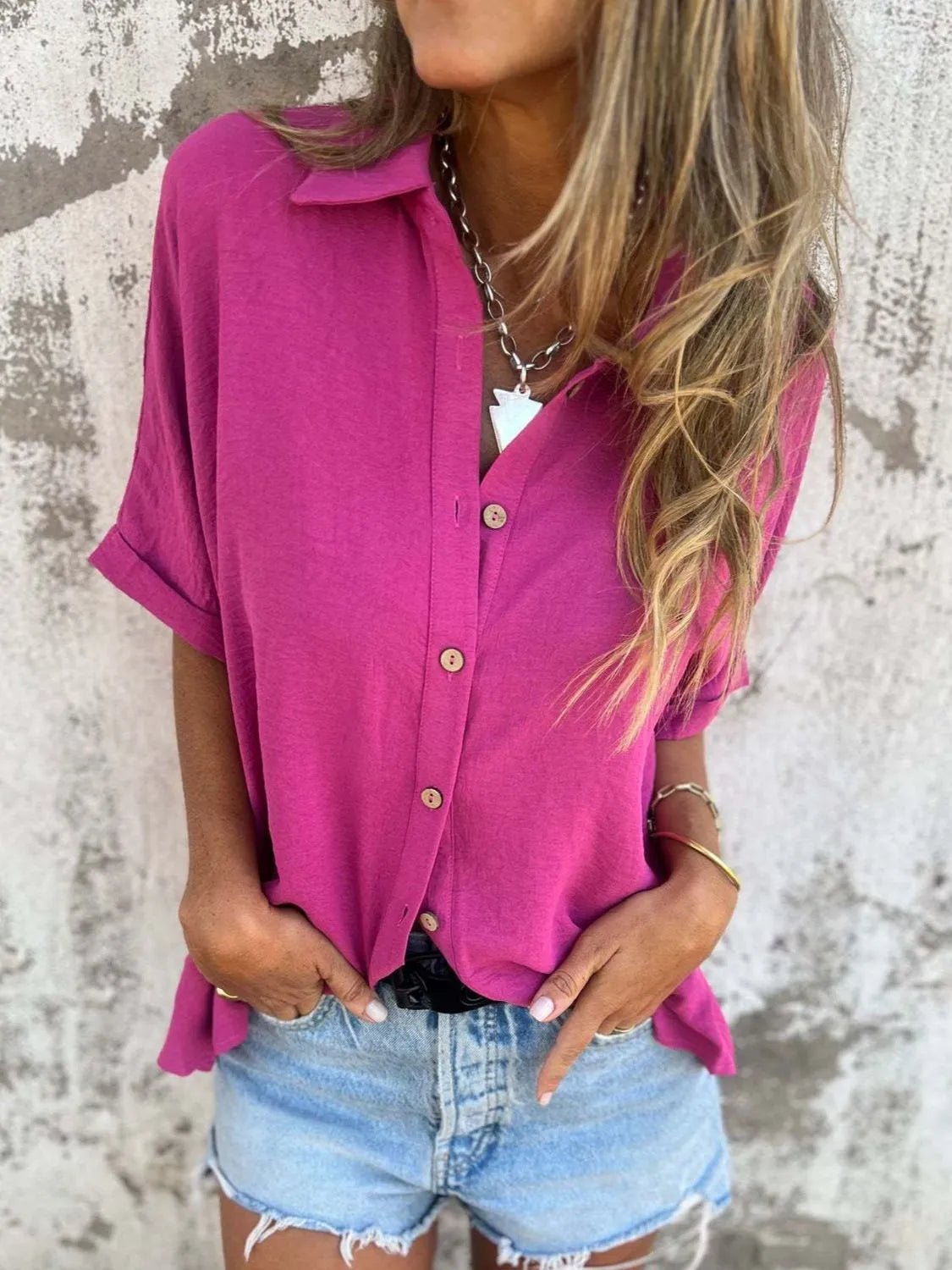 Full Size Collared Neck Half Sleeve Shirt Plus SizeTop