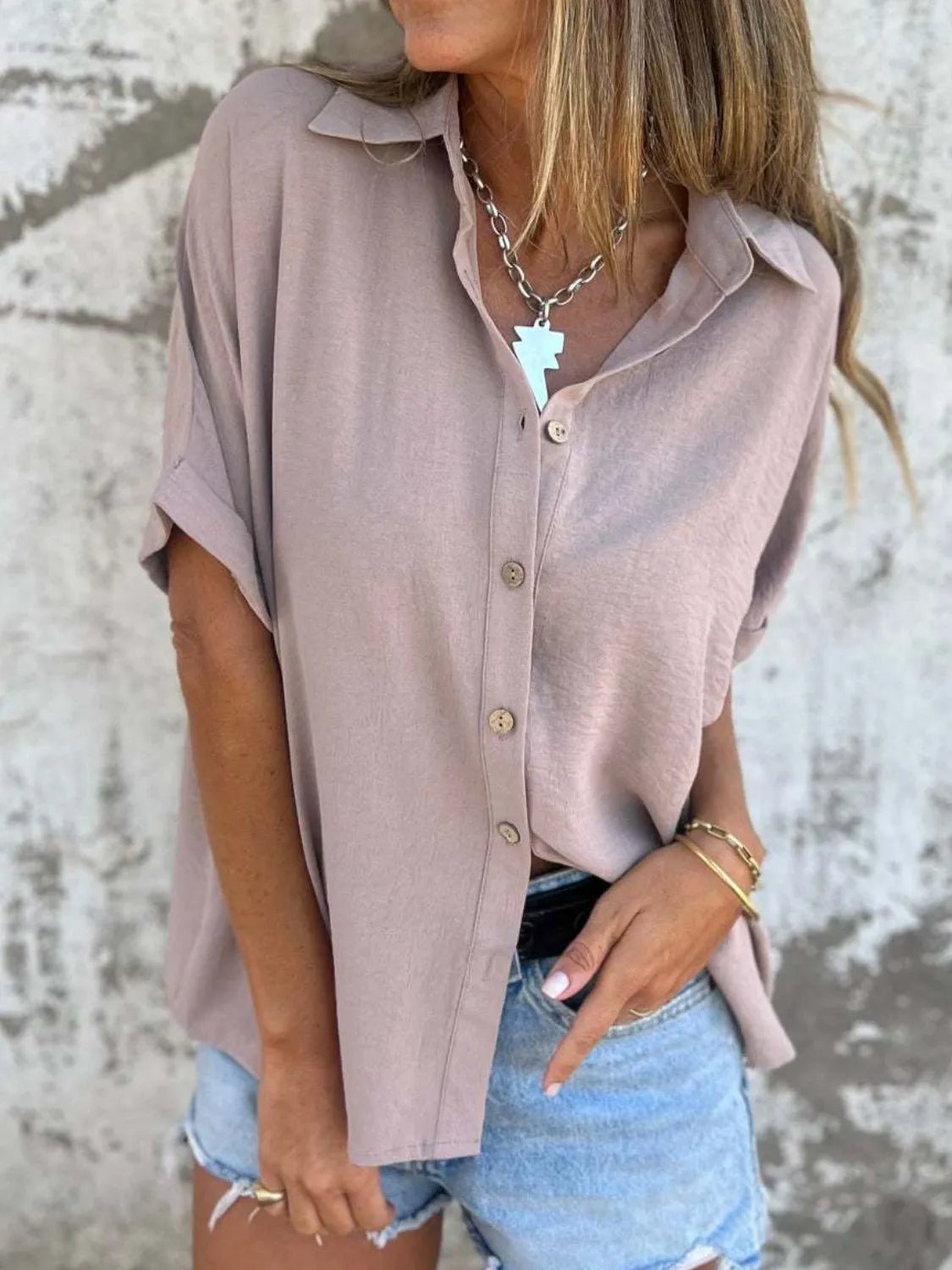 Full Size Collared Neck Half Sleeve Shirt Plus SizeTop