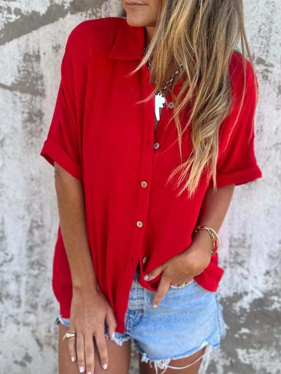 Full Size Collared Neck Half Sleeve Shirt Plus SizeTop