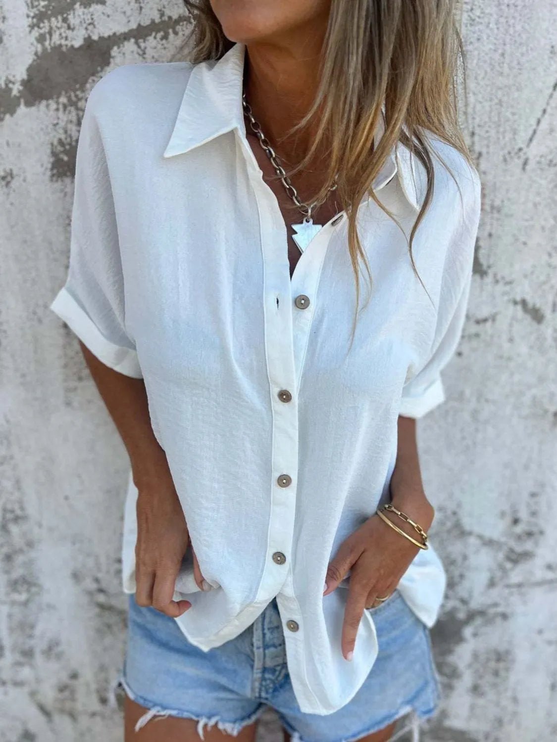 Full Size Collared Neck Half Sleeve Shirt Plus SizeTop