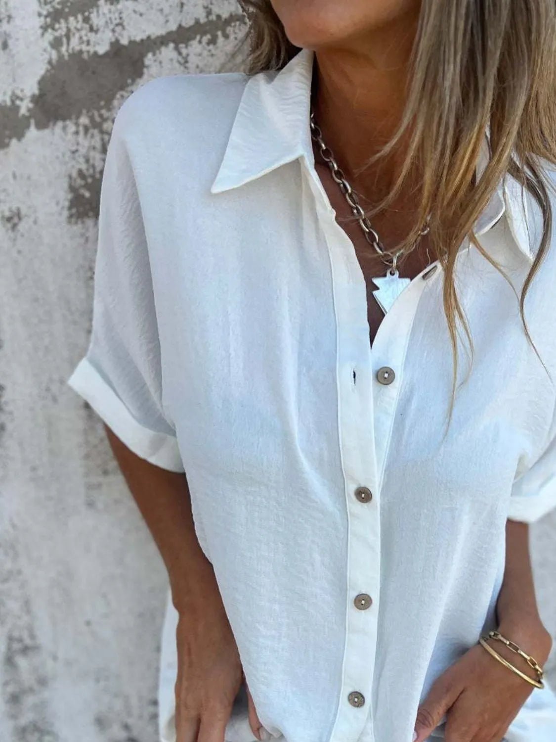 Full Size Collared Neck Half Sleeve Shirt Plus SizeTop