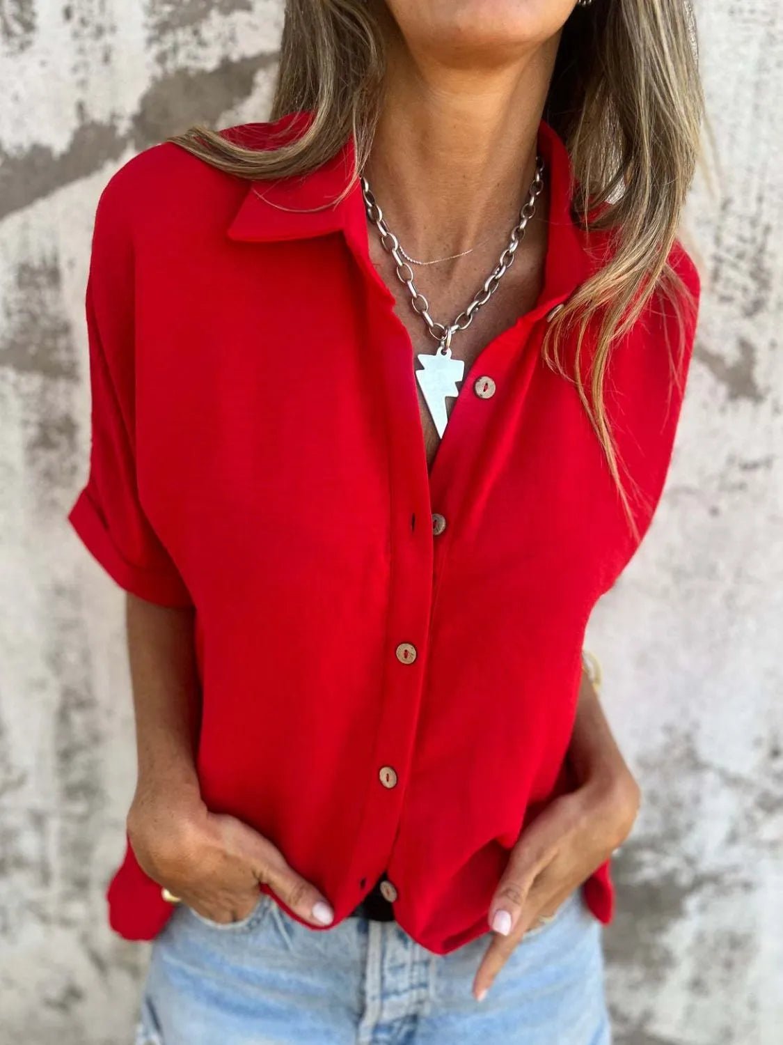 Full Size Collared Neck Half Sleeve Shirt Plus SizeTop
