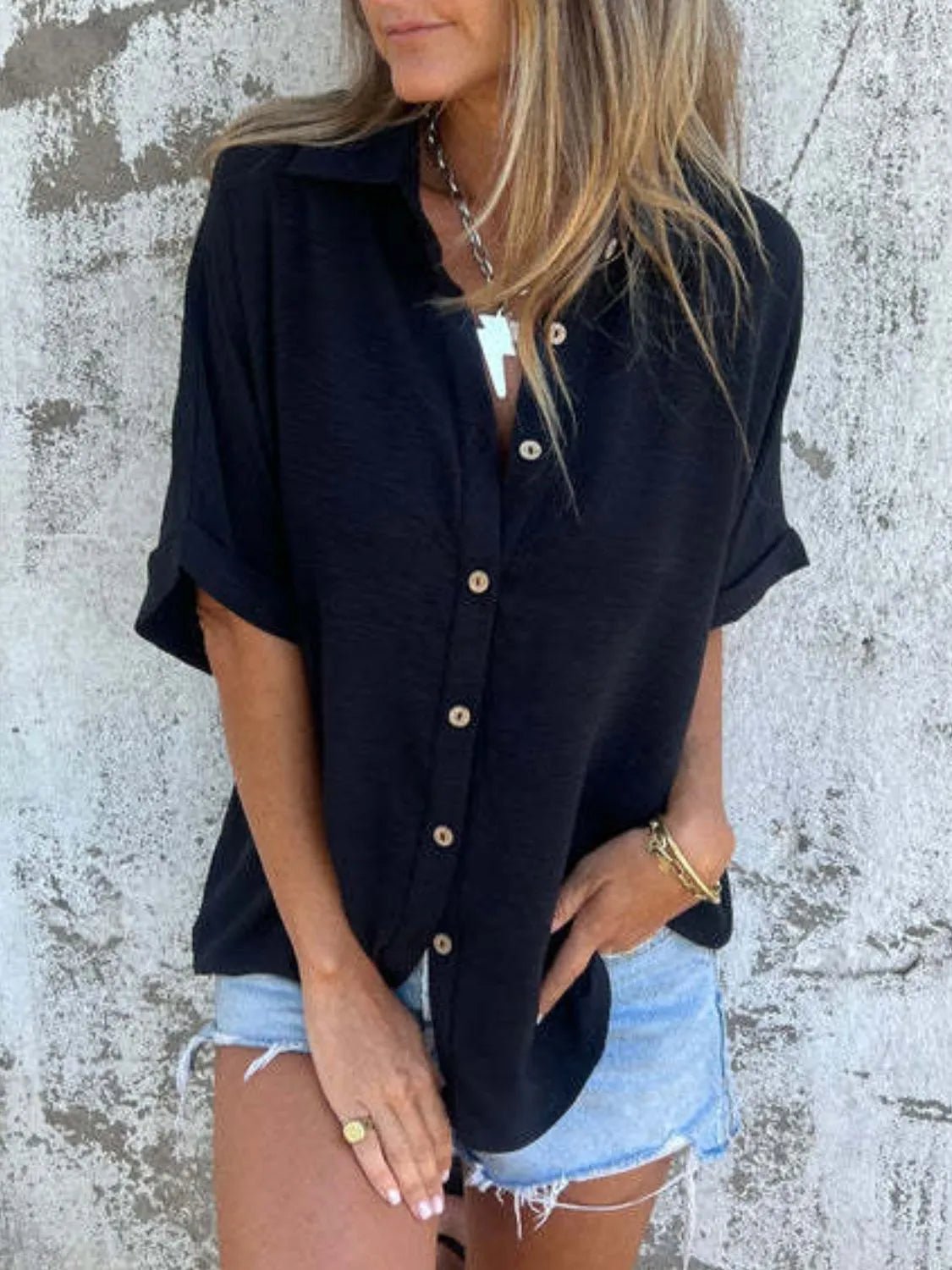 Full Size Collared Neck Half Sleeve Shirt Plus SizeTop
