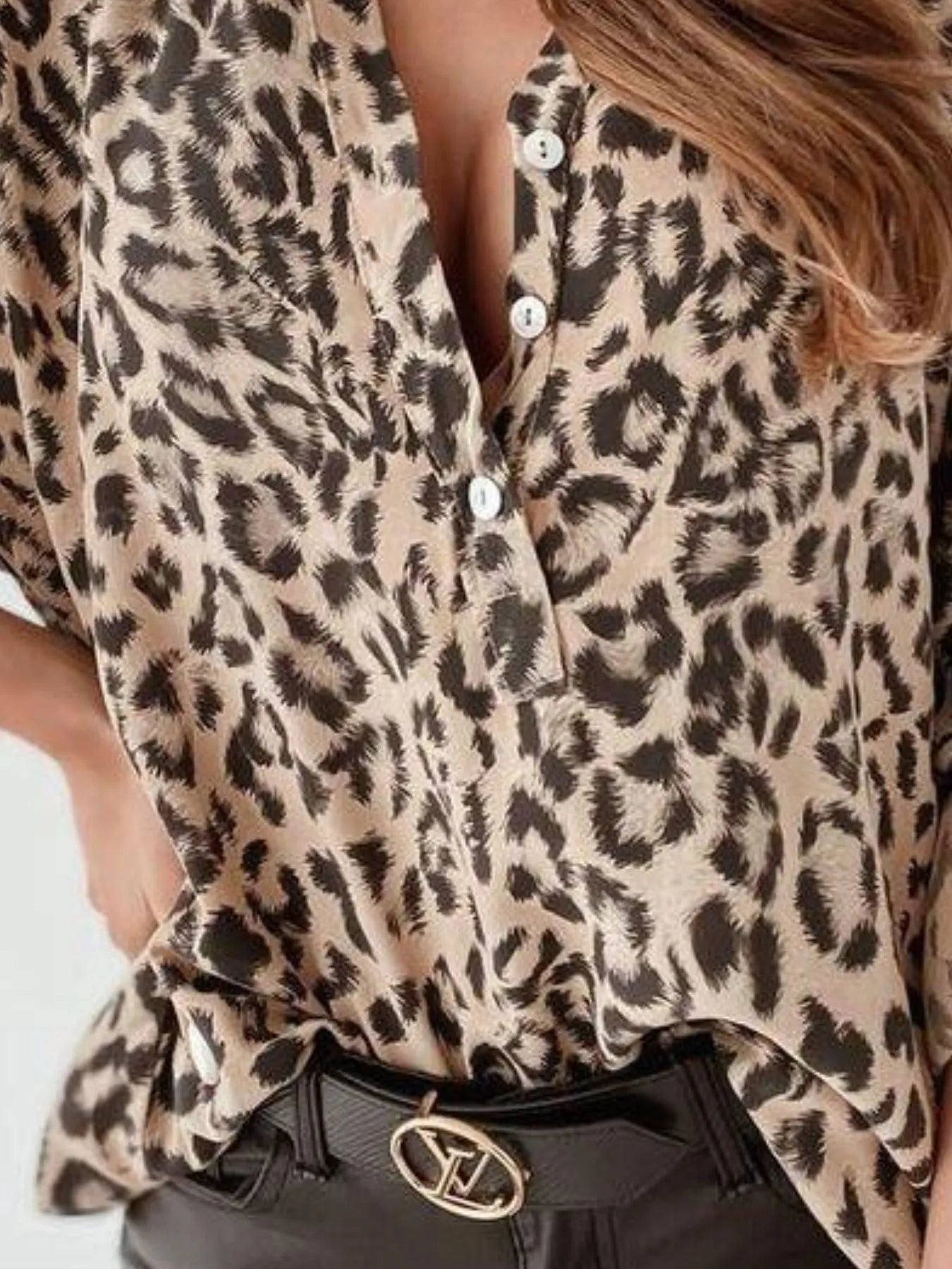 Full Size Leopard Print Roll - Tab Sleeves Blouse Plus Size