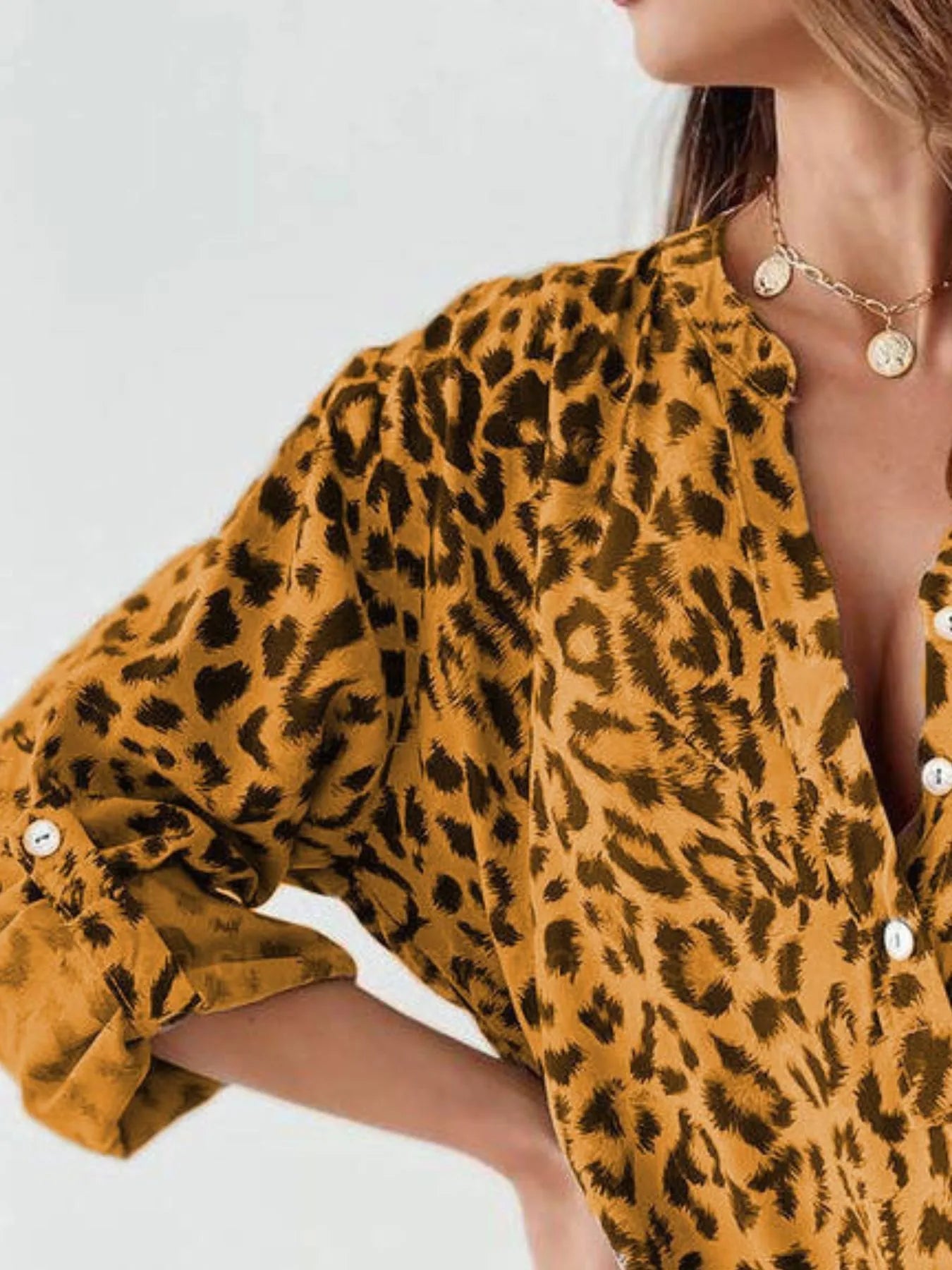 Full Size Leopard Print Roll - Tab Sleeves Blouse Plus Size