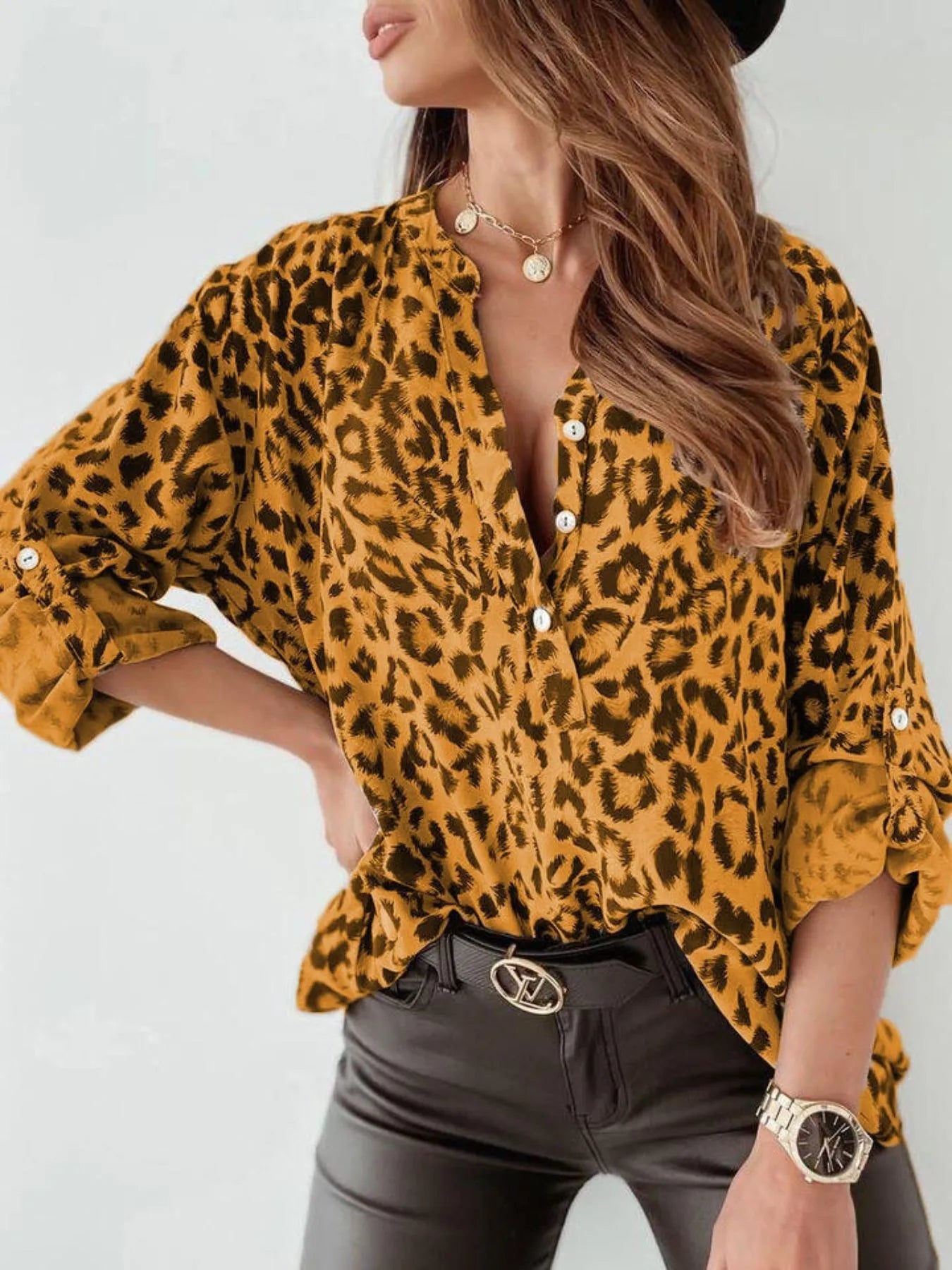 Full Size Leopard Print Roll - Tab Sleeves Blouse Plus Size