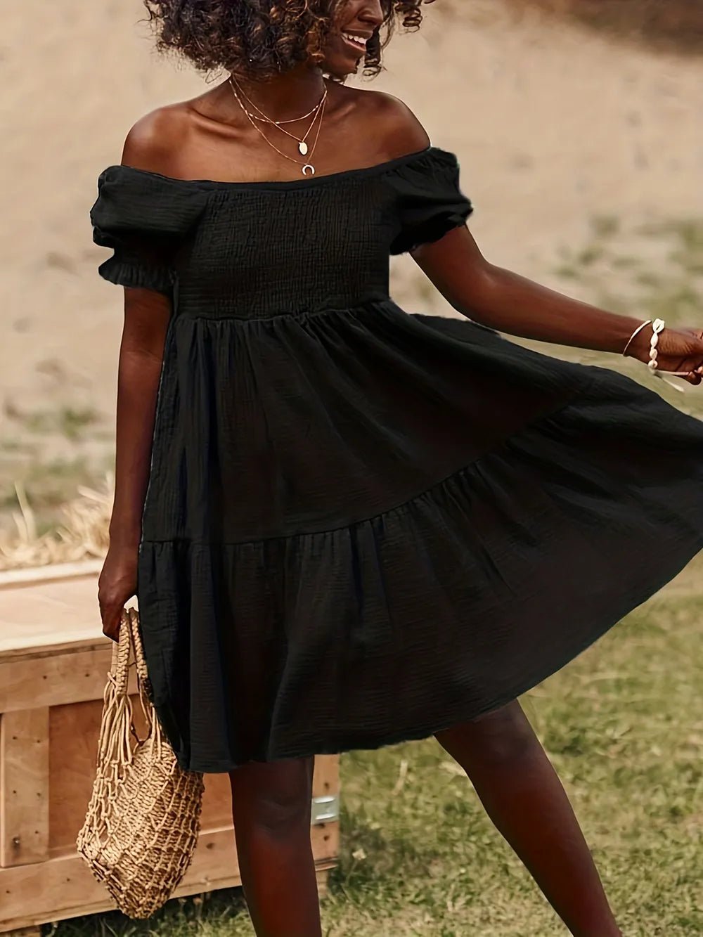 Full Size Ruffled Off - Shoulder Short Sleeve Dress