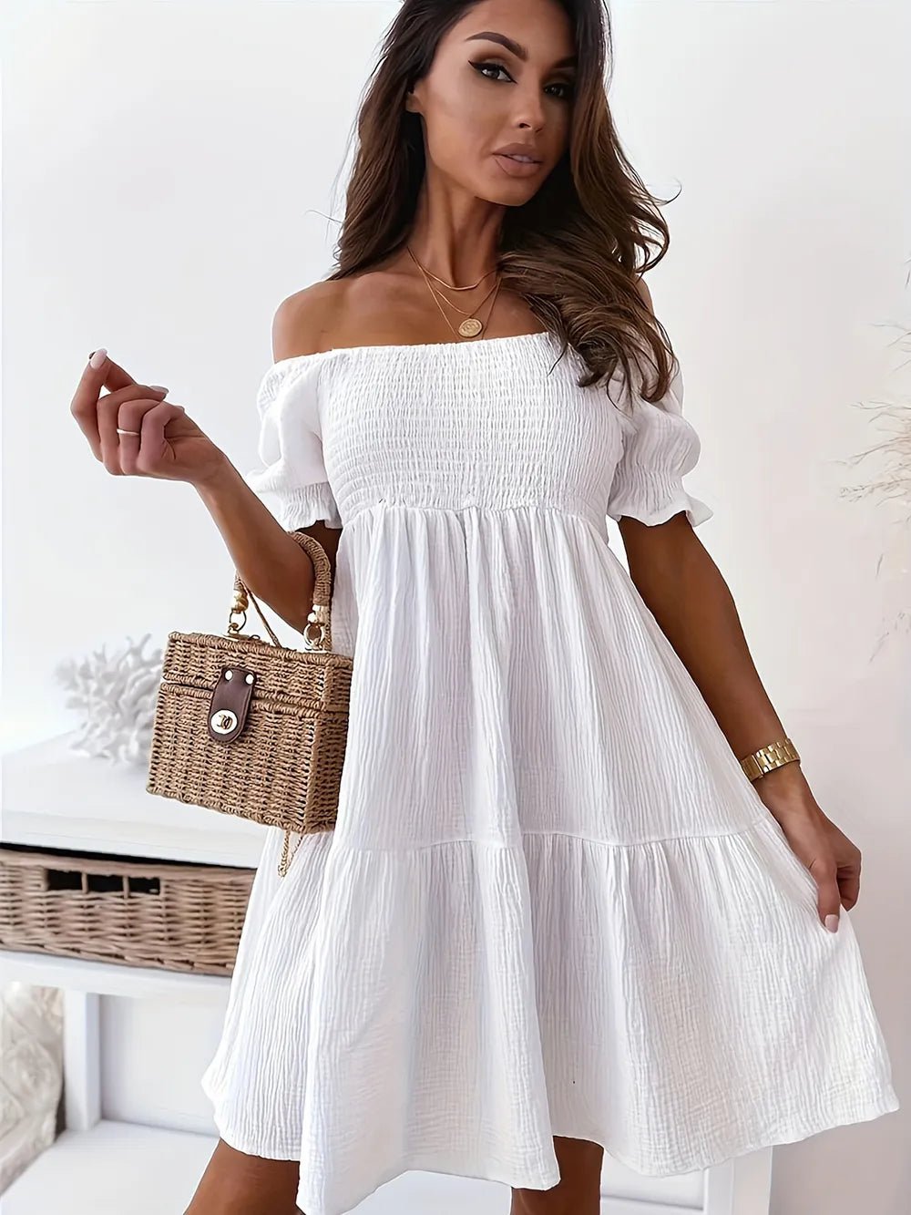 Full Size Ruffled Off - Shoulder Short Sleeve Dress
