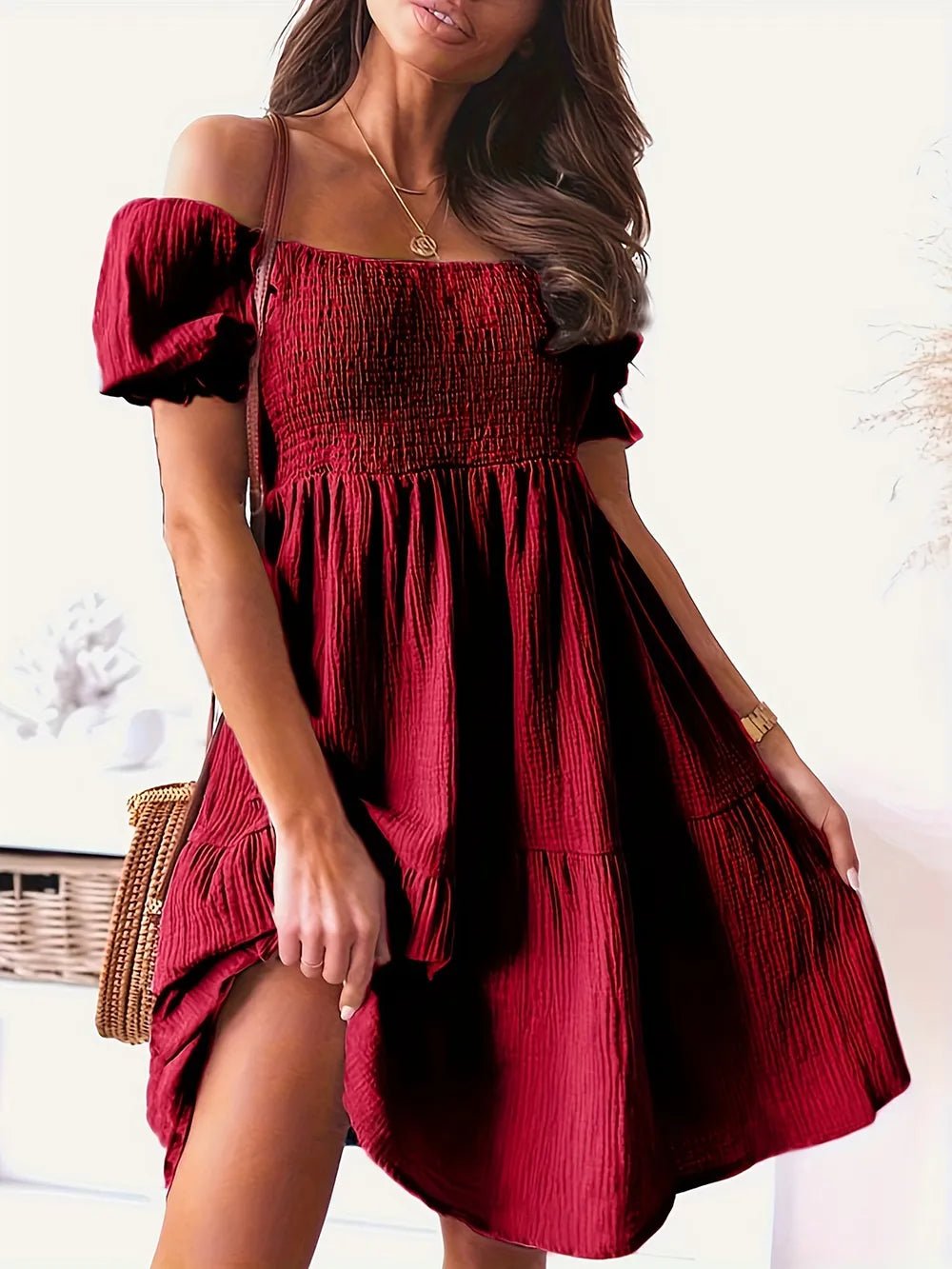 Full Size Ruffled Off - Shoulder Short Sleeve Dress