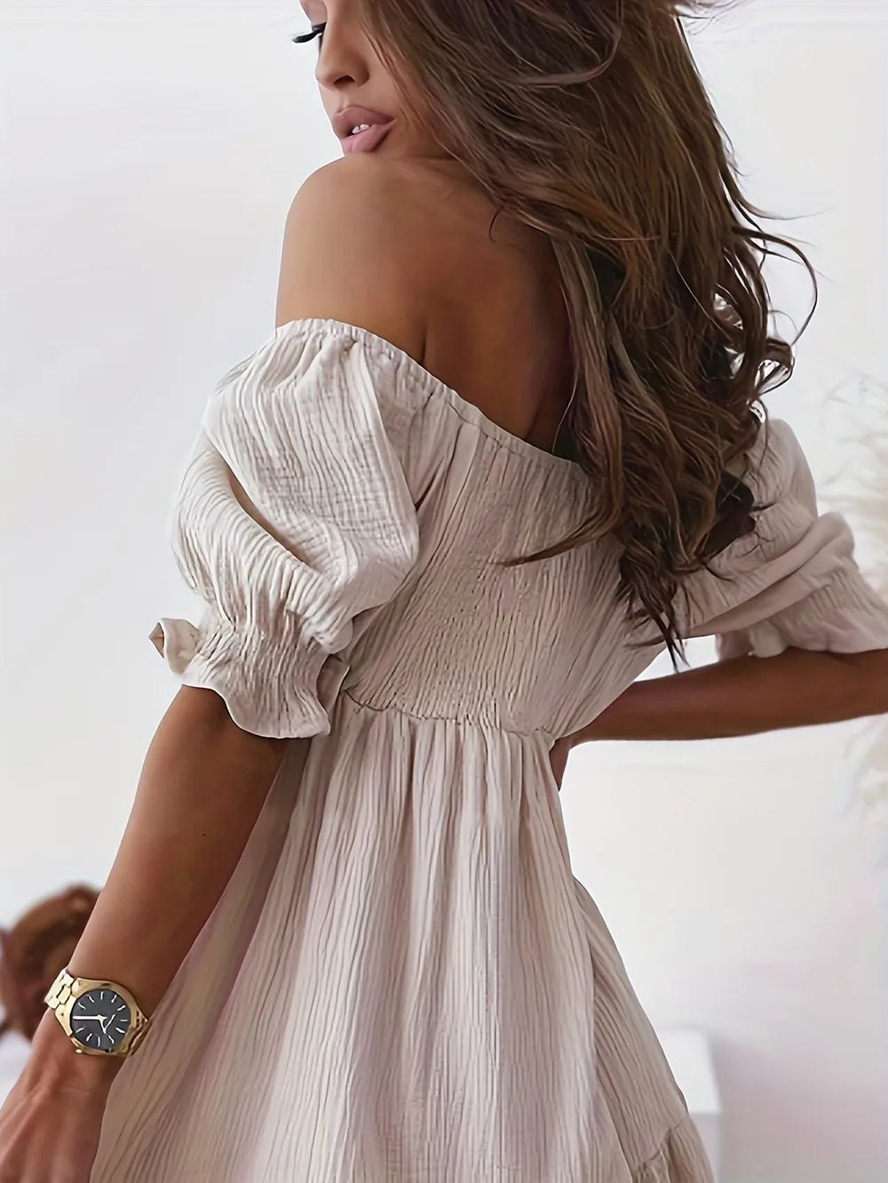 Full Size Ruffled Off - Shoulder Short Sleeve Dress