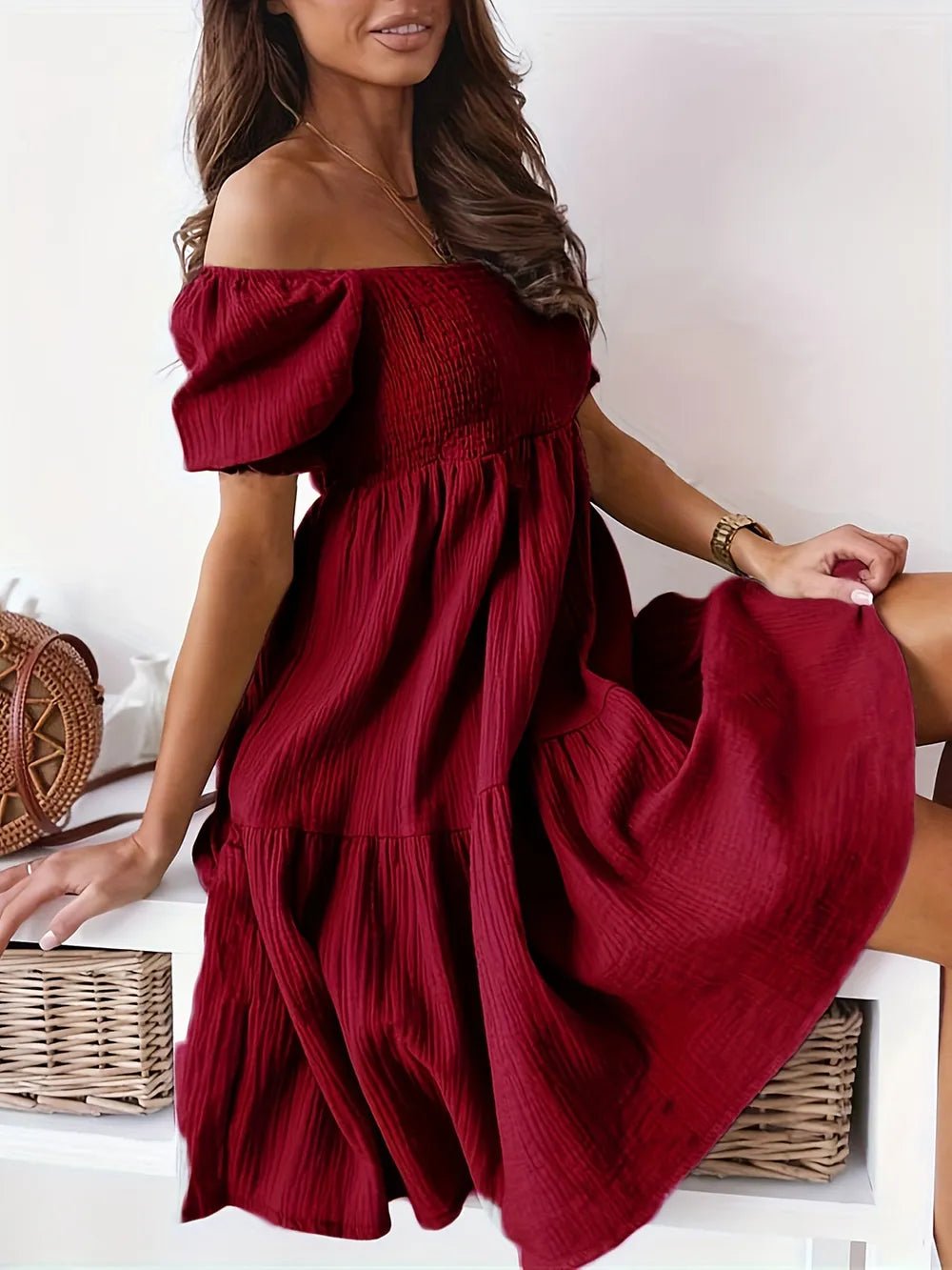 Full Size Ruffled Off - Shoulder Short Sleeve Dress