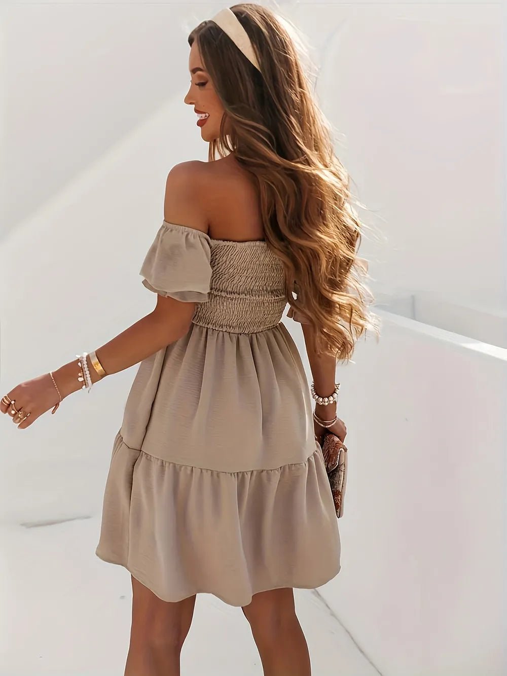 Full Size Ruffled Off - Shoulder Short Sleeve Dress