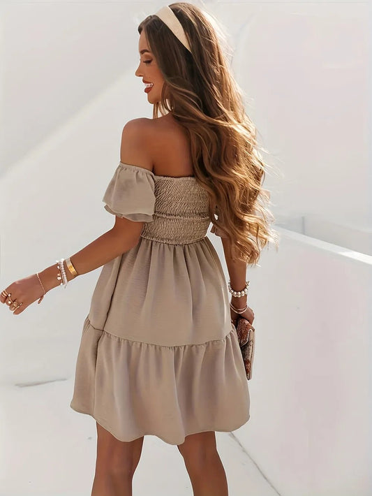 Full Size Ruffled Off - Shoulder Short Sleeve Dress