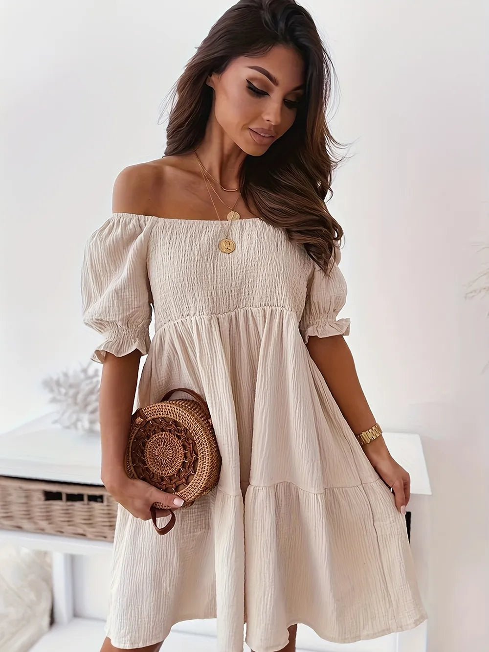 Full Size Ruffled Off - Shoulder Short Sleeve Dress