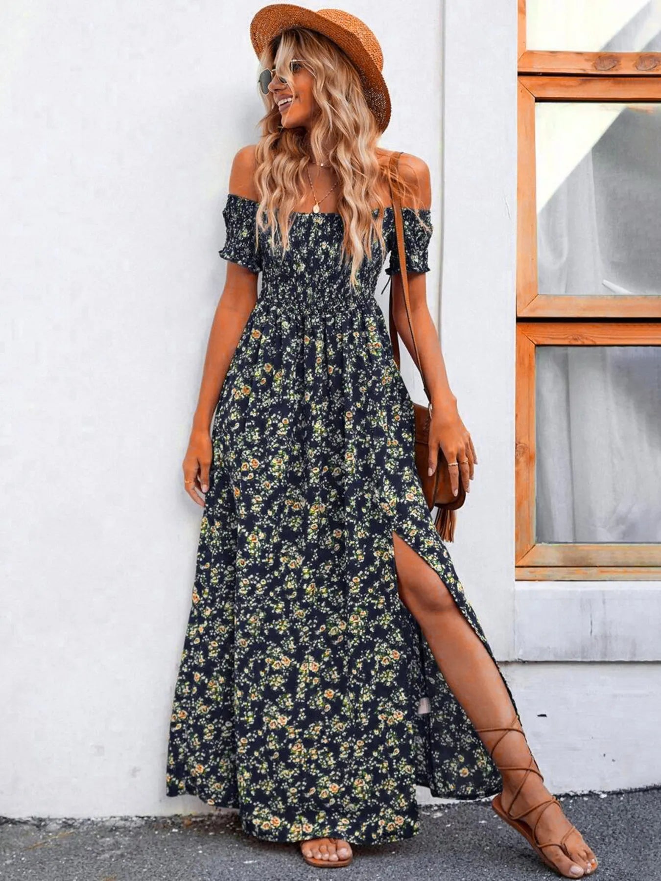 Full Size Slit Off - Shoulder Floral Midi Dress Plus Size