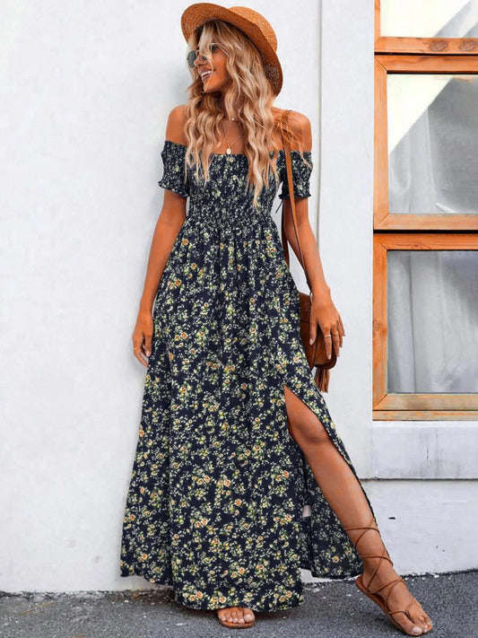 Full Size Slit Off - Shoulder Floral Midi Dress Plus Size