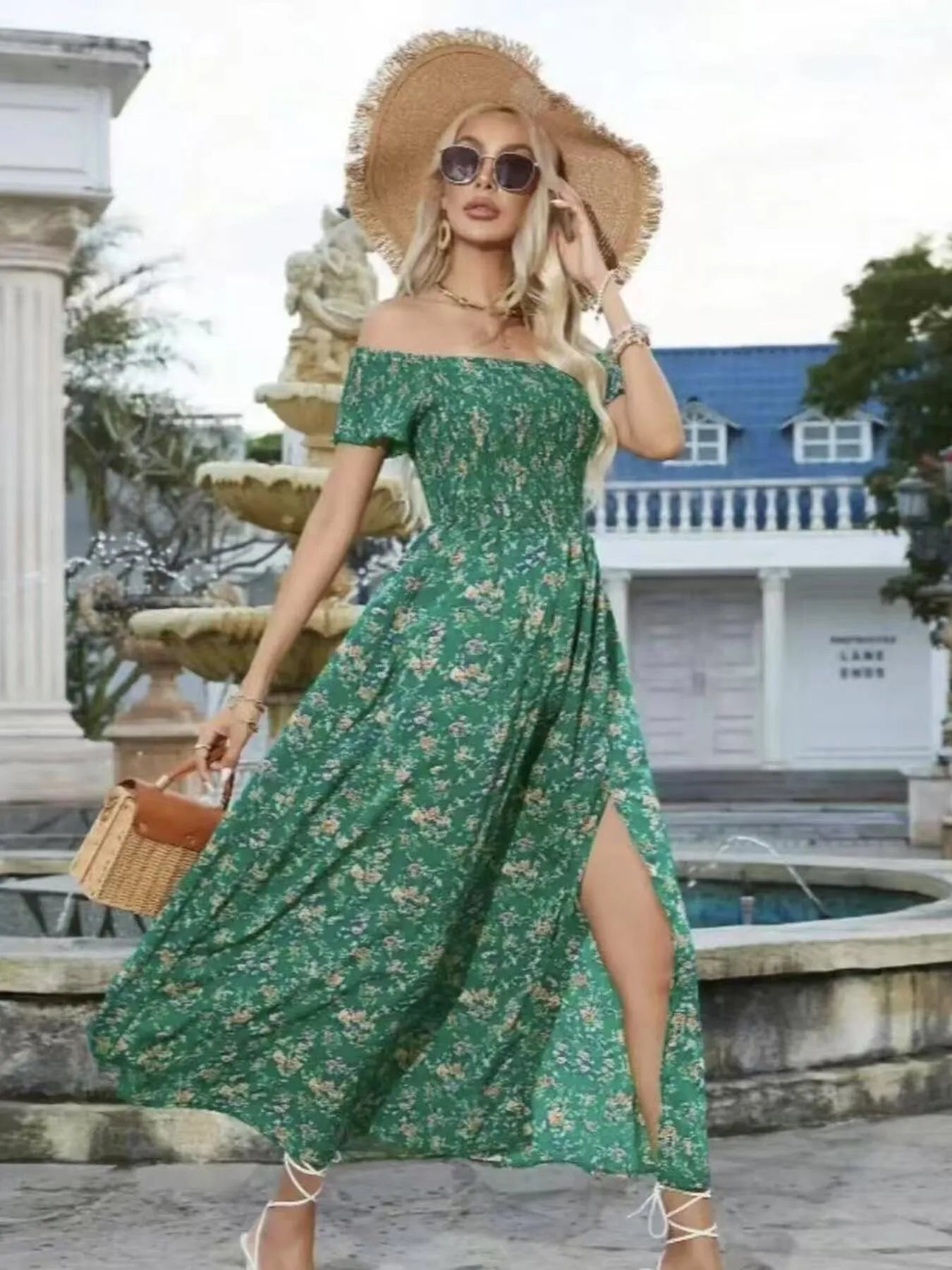 Full Size Slit Off - Shoulder Floral Midi Dress Plus Size