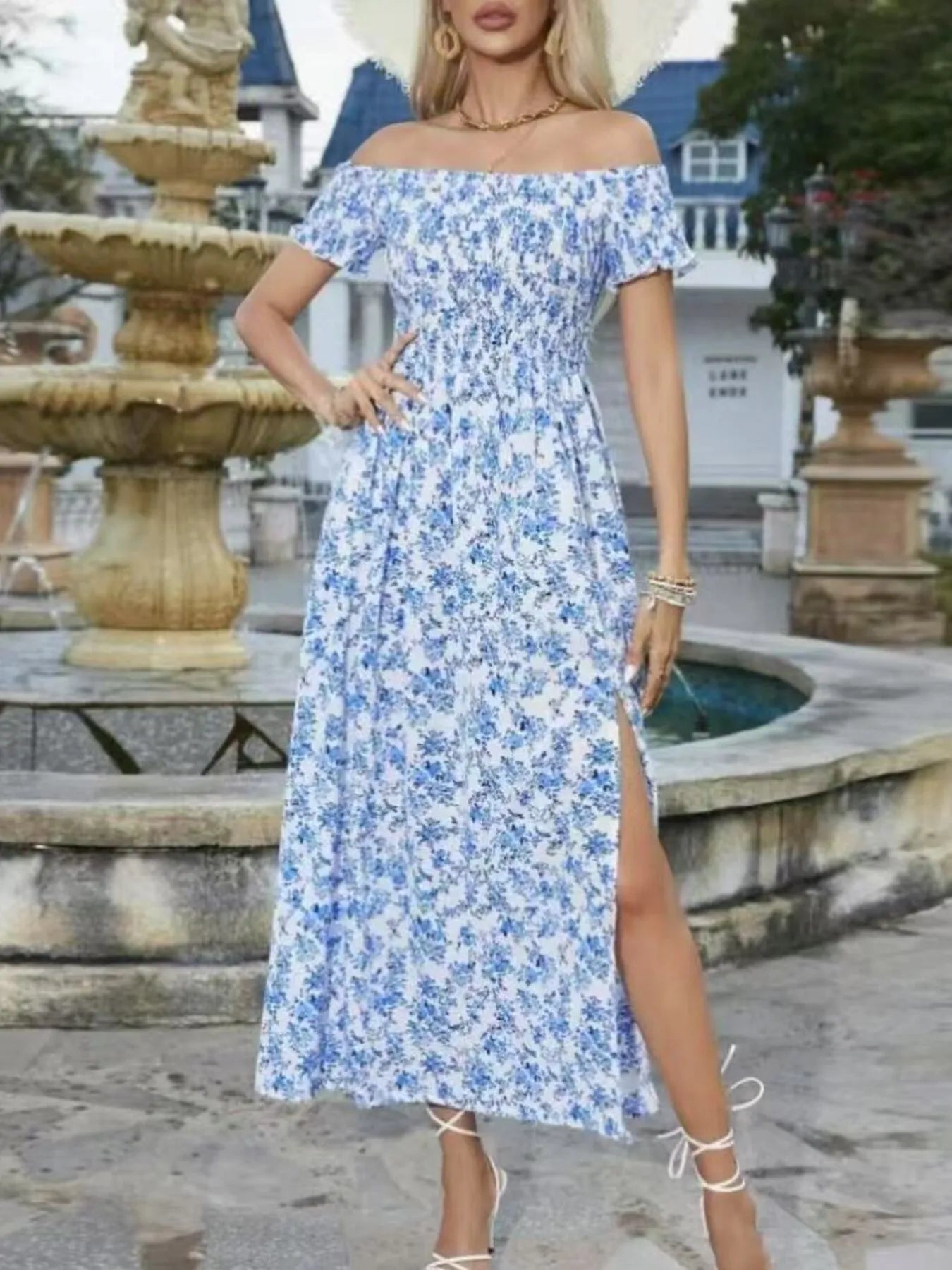 Full Size Slit Off - Shoulder Floral Midi Dress Plus Size
